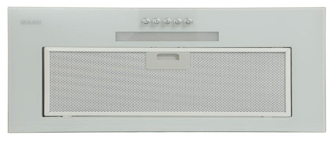 Biały okap kuchenny z filtrem, przyciskami i marką MAAN. Design jest nowoczesny i minimalistyczny.