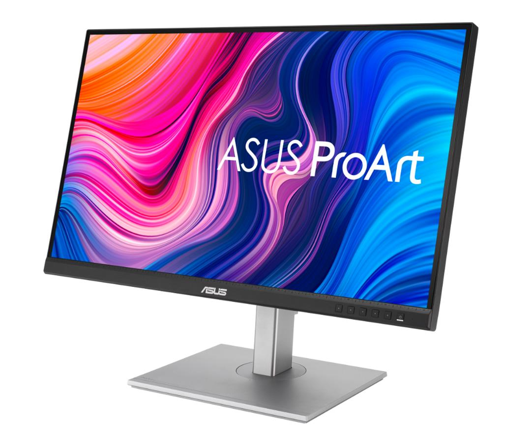 Monitor ASUS ProArt. Ekran wyświetla kolorową sztukę abstrakcyjną. Monitor jest srebrny z kwadratową podstawą.