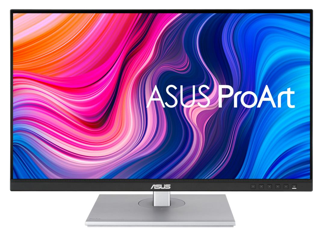 Monitor ASUS ProArt z kolorowym abstrakcyjnym tłem. Srebrna podstawa i czarna ramka. Logo ASUS na dole.