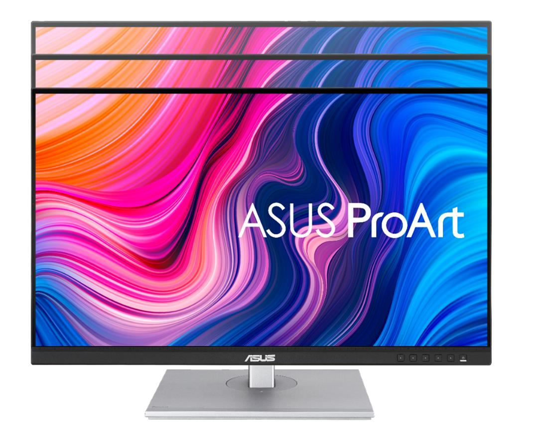 Monitor ASUS ProArt. Ekran wyświetla kolorowe wiry. Srebrna podstawa wspiera monitor. Widoczne logo ASUS.