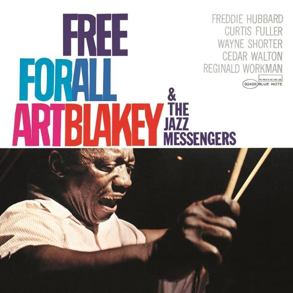 Album borító: Art Blakey, 'Free For All'. Blakey dobol. Szöveg: Freddie Hubbard, Curtis Fuller, Wayne Shorter, Cedar Walton, Reginald Workman.