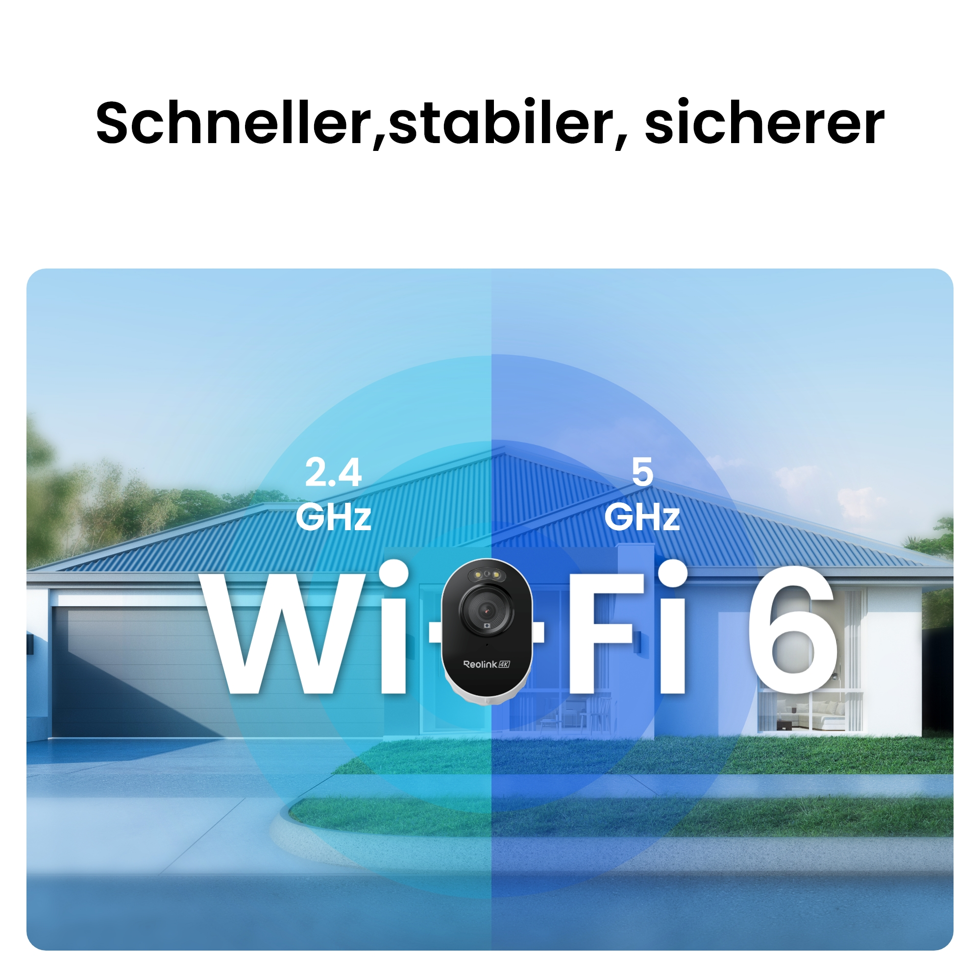 Das Bild wirbt mit einem Haus im Hintergrund für Wi-Fi 6. Es zeigt eine Sicherheitskamera und den Text 'Schneller, stabiler, sicherer'.