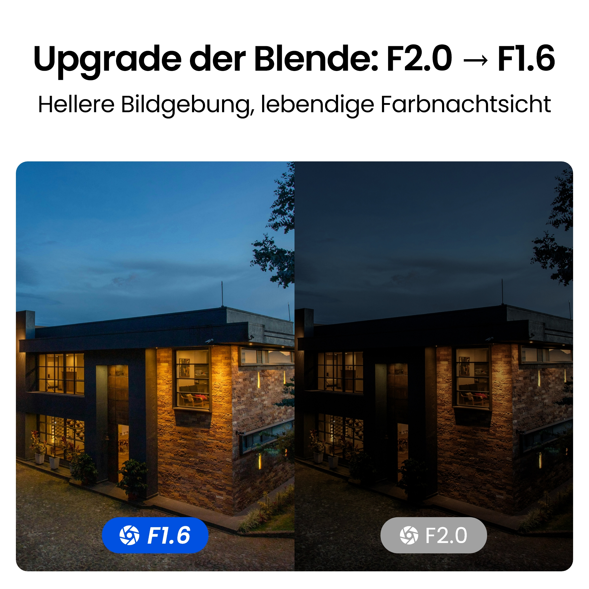 Das Bild zeigt ein Gebäude bei Nacht. Links ist F1.6 heller, rechts ist F2.0 dunkler.