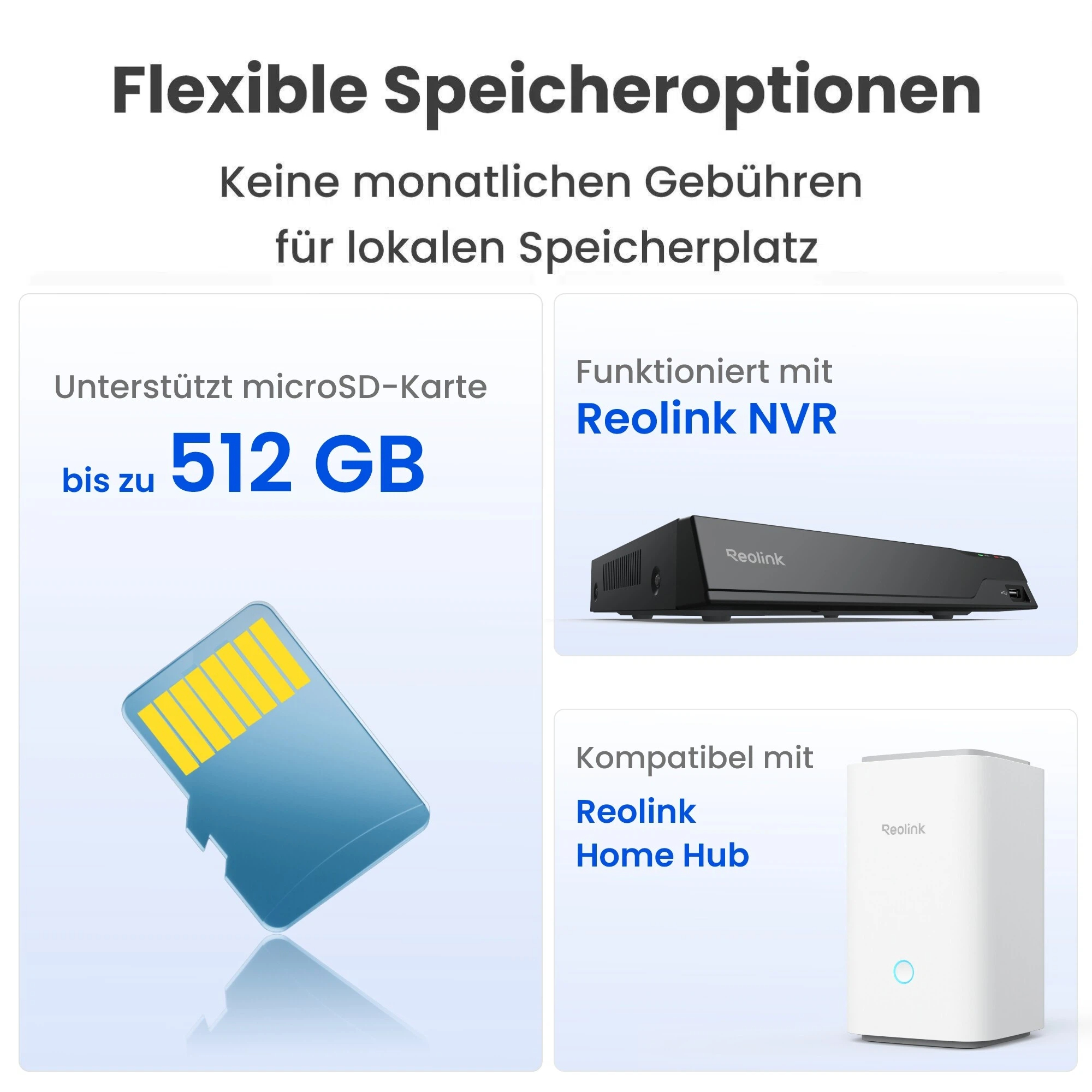 Das Bild zeigt Speicheroptionen: microSD-Karte, Reolink NVR und Home Hub. Texte auf Deutsch heben Funktionen hervor.