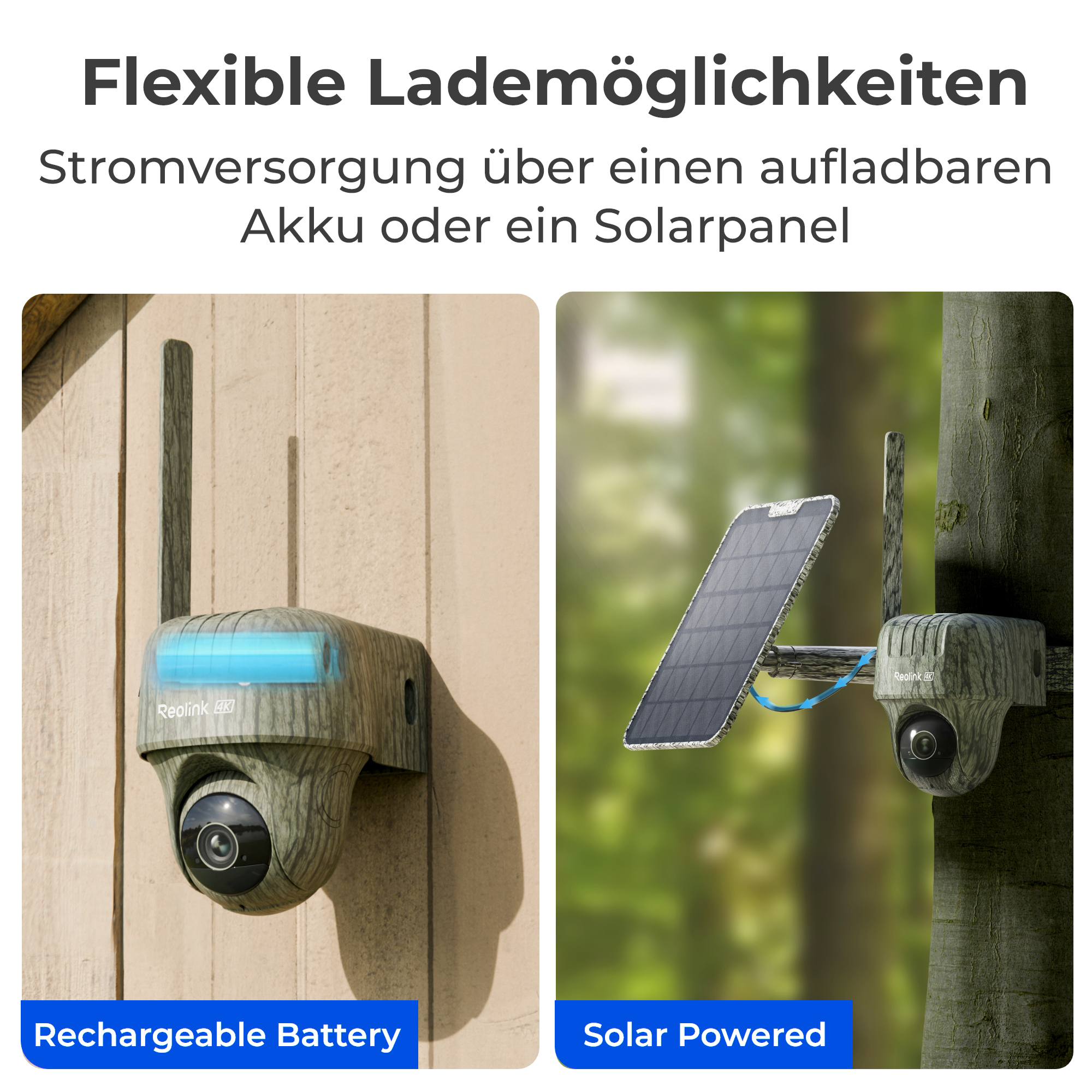 Das Bild zeigt zwei Überwachungskameras. Eine verwendet einen Akku, die andere wird mit Solarstrom betrieben. Beide haben Antennen.