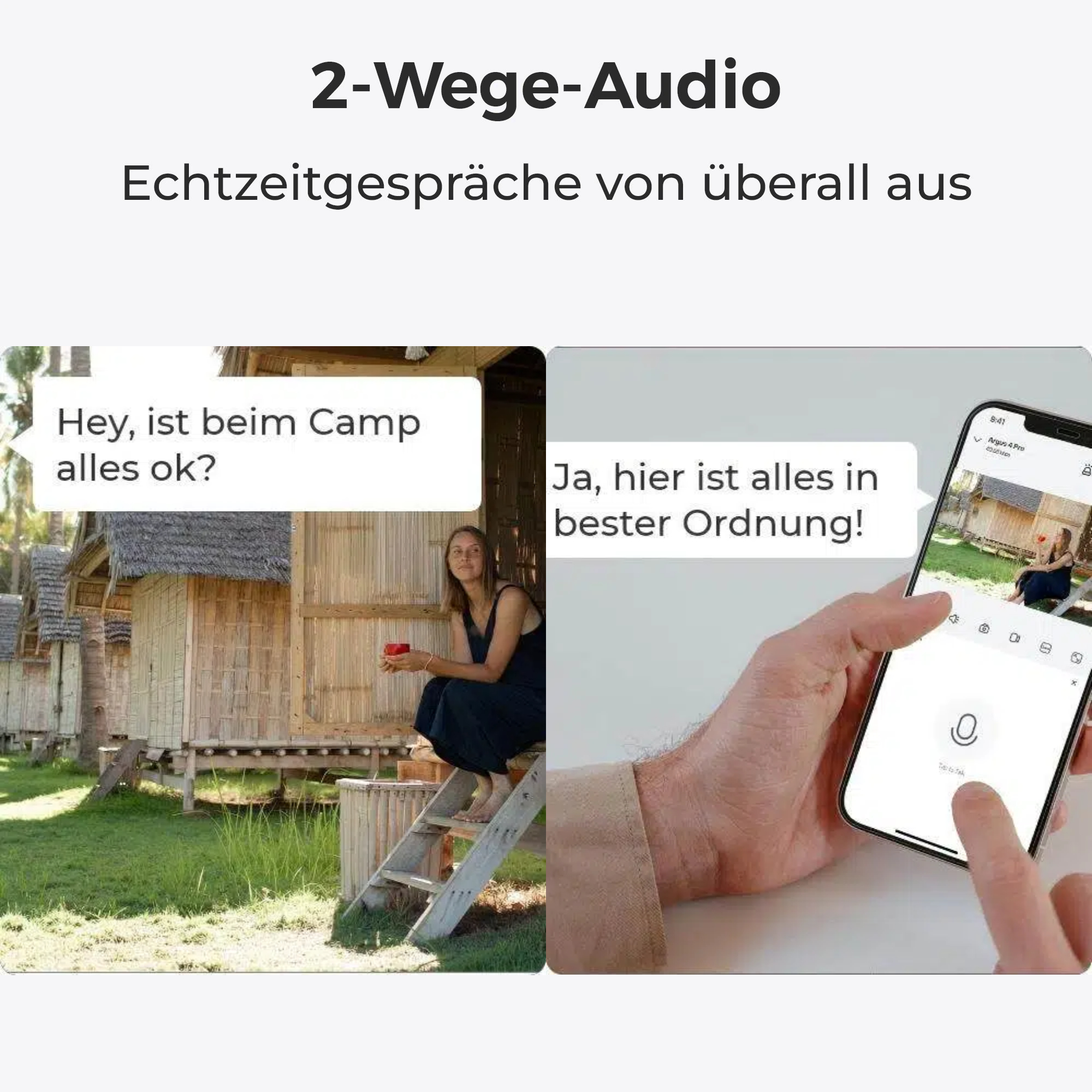Das Bild zeigt eine Campszene mit Zwei-Wege-Audio. Eine Frau im Camp und ein Telefonbildschirm mit einer Hand, die ihn berührt.