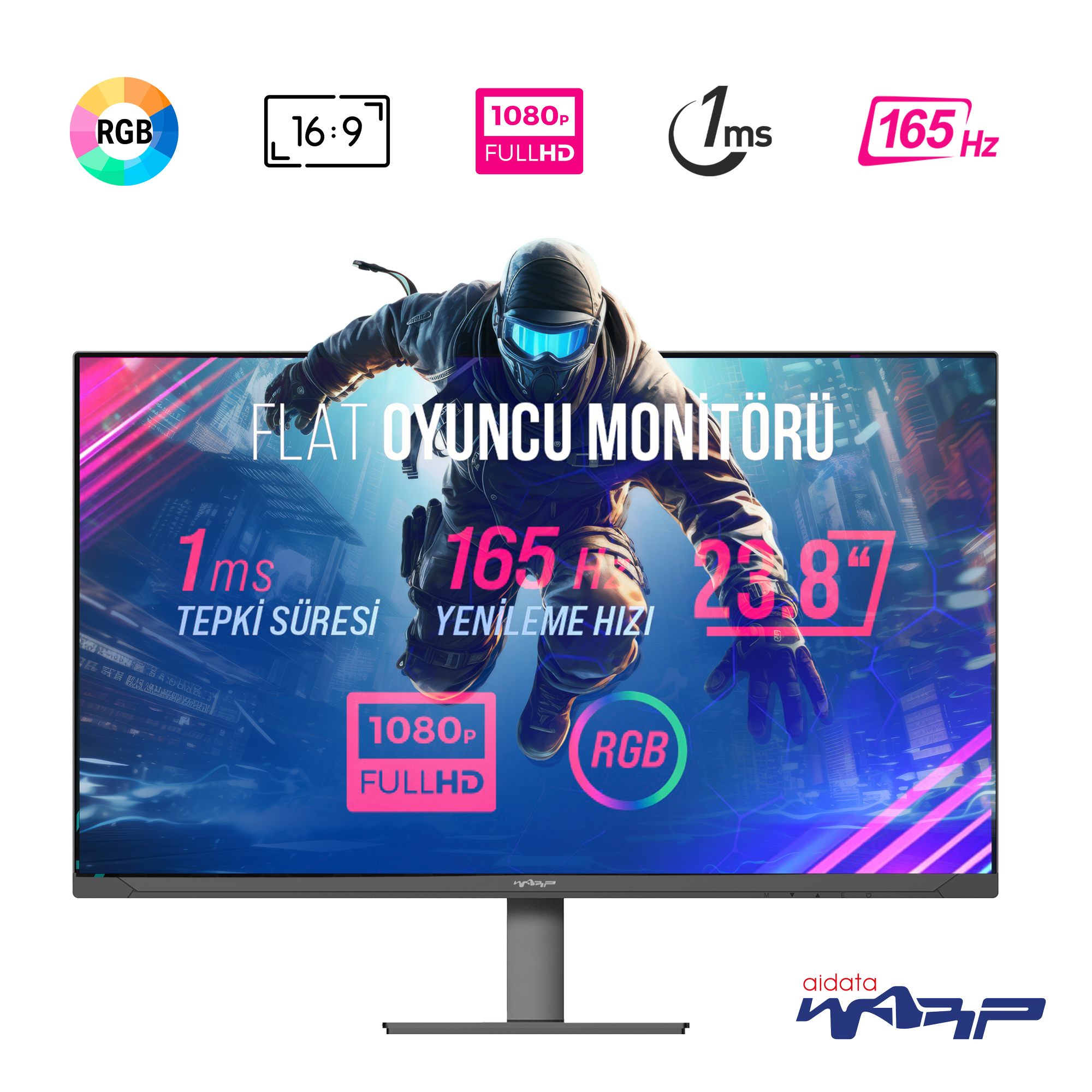 Önünde oyuncu olan monitör. Özellikler: 1ms tepki süresi, 165Hz yenileme hızı, 1080p ve RGB.
