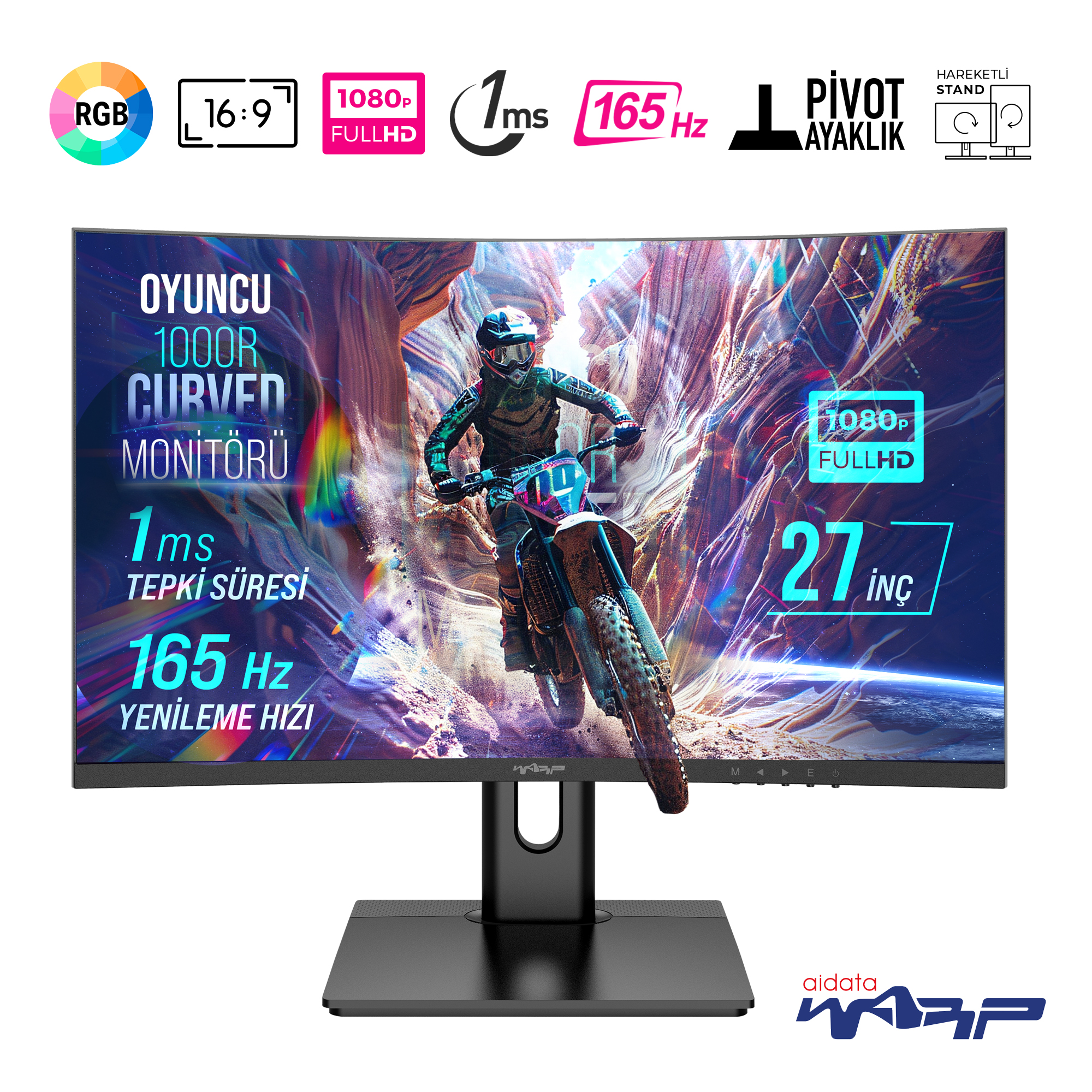 Kavisli bir oyun monitörü, bir parkurda motosikletliyi gösteriyor. Özellikler arasında 1080p, 165Hz ve 27 inç bulunur.