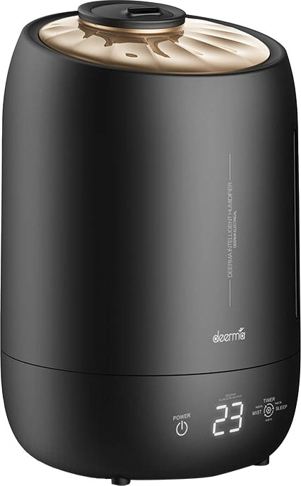 Czarny i złoty nawilżacz. Posiada cyfrowy wyświetlacz z liczbą 23. Marka to deerma. Funkcje: zasilanie, timer, mgła i uśpienie.