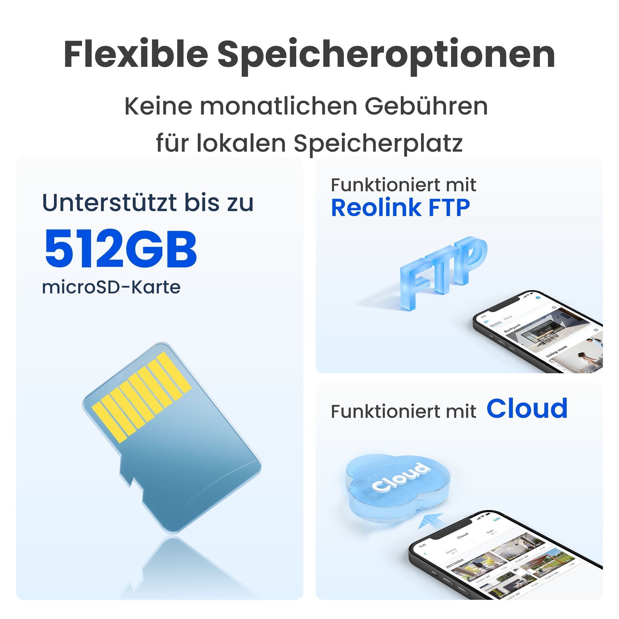 Das Bild zeigt Speicheroptionen: microSD-Karte, Reolink FTP und Cloud. Jede mit einem Telefon, das Daten anzeigt.