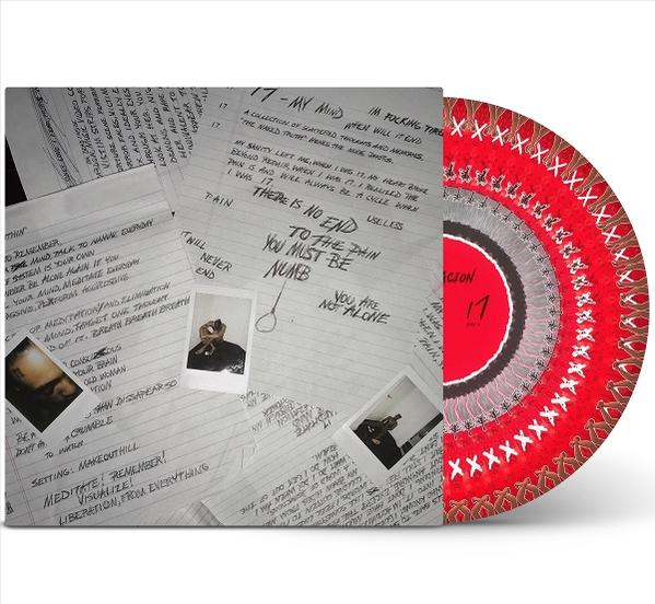 Albumcover: handschriftliche Notizen mit Fotos, rote Schallplatte. Text enthält '17', 'Pain' und 'You Must Be Numb'.