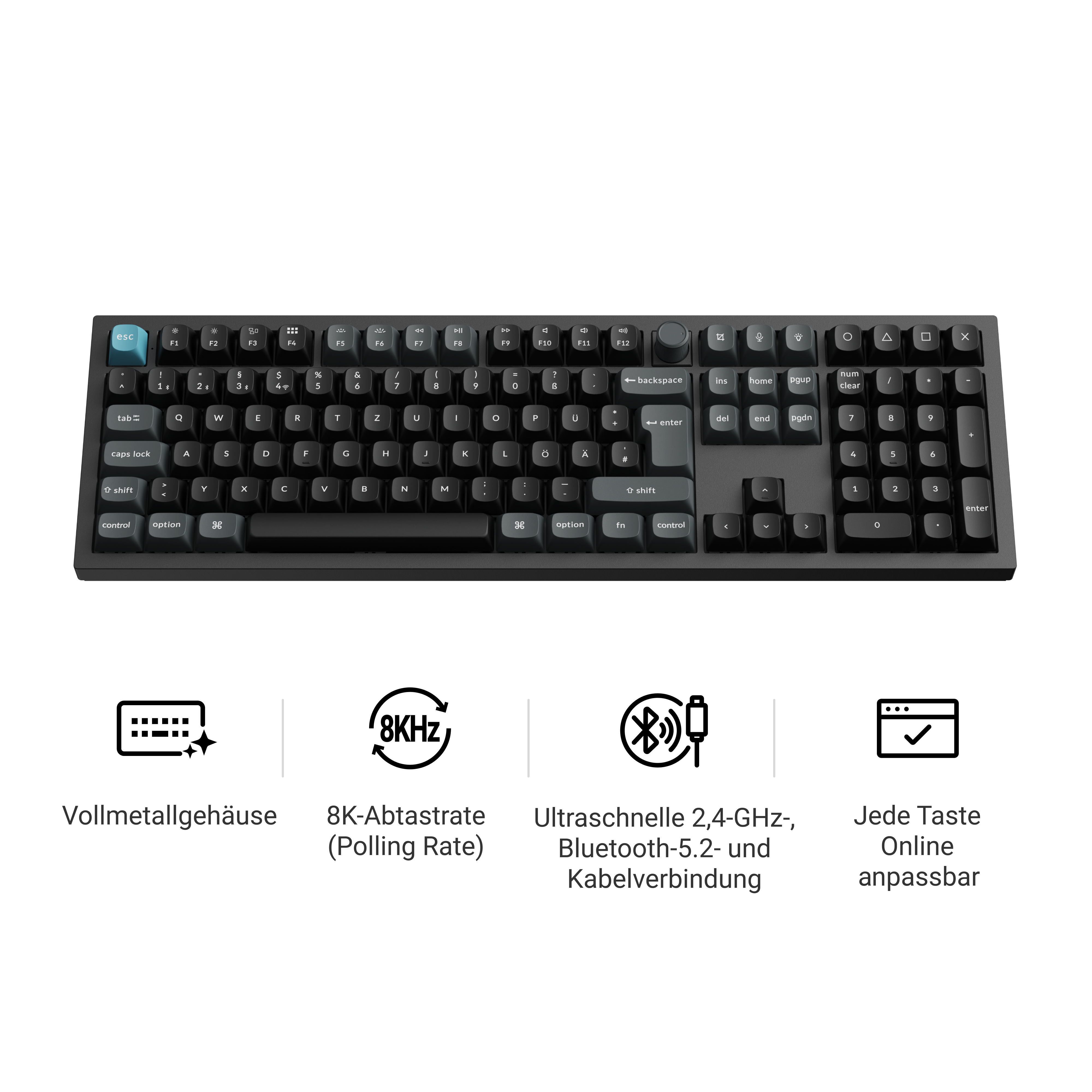 Eine schwarze Tastatur mit hellblauer Escape-Taste. Merkmale: kabellose Konnektivität und anpassbare Tasten.