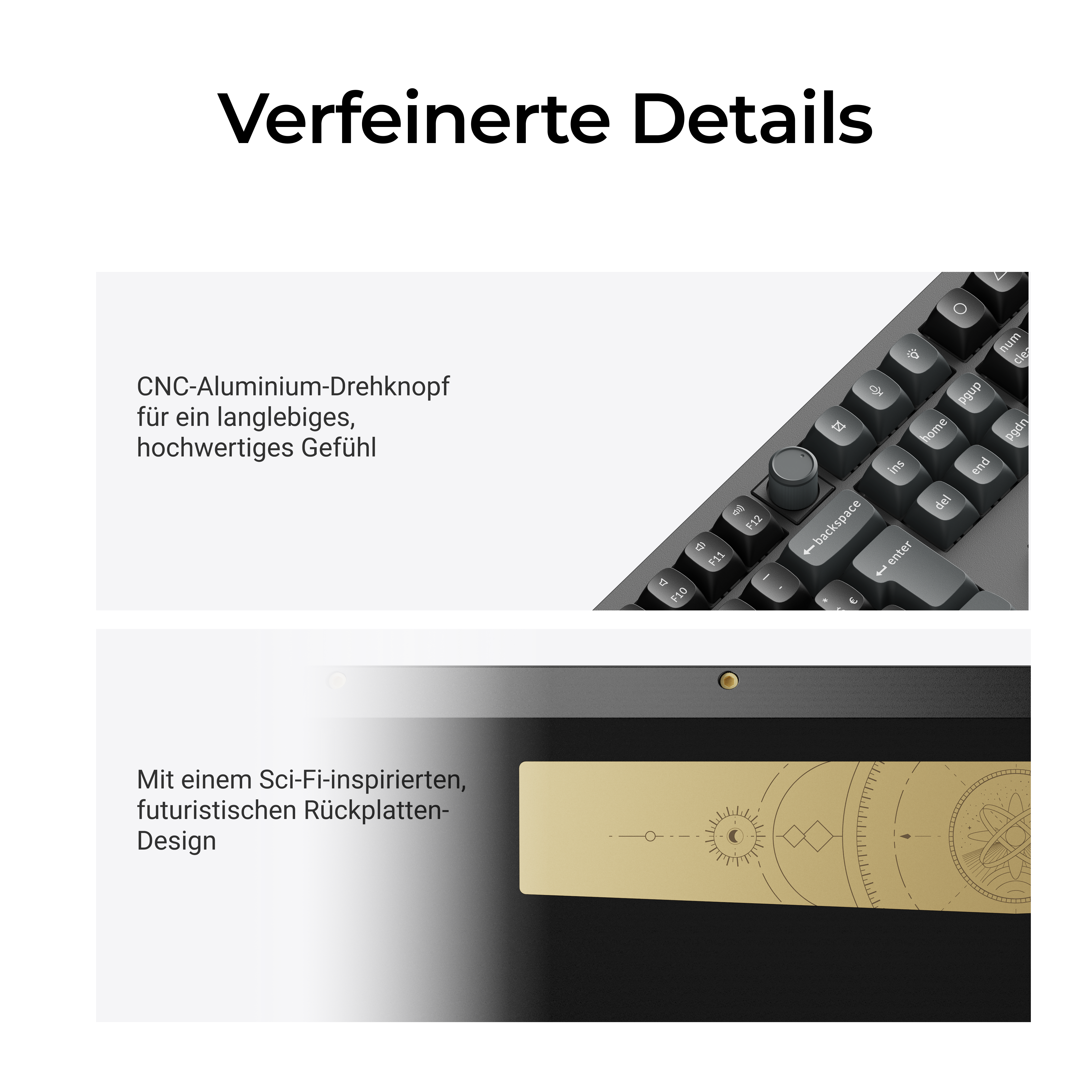 Das Bild zeigt ein Tastaturdetail. Ein Knopf, Tasten und eine goldfarbene Platte mit Design sind sichtbar.