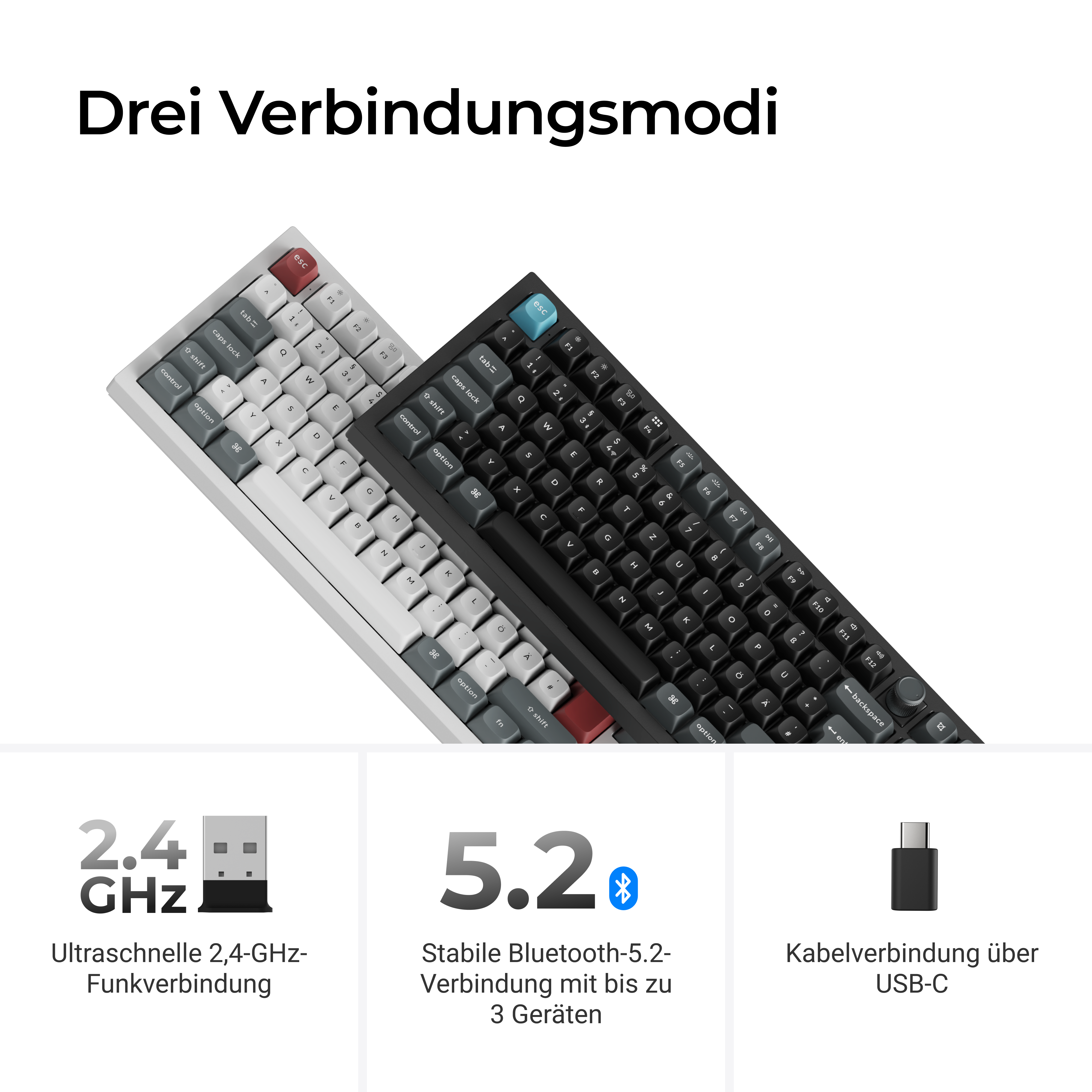 Das Bild zeigt zwei Tastaturen. Eine ist weiß und die andere schwarz. Das Bild zeigt auch Verbindungsoptionen.