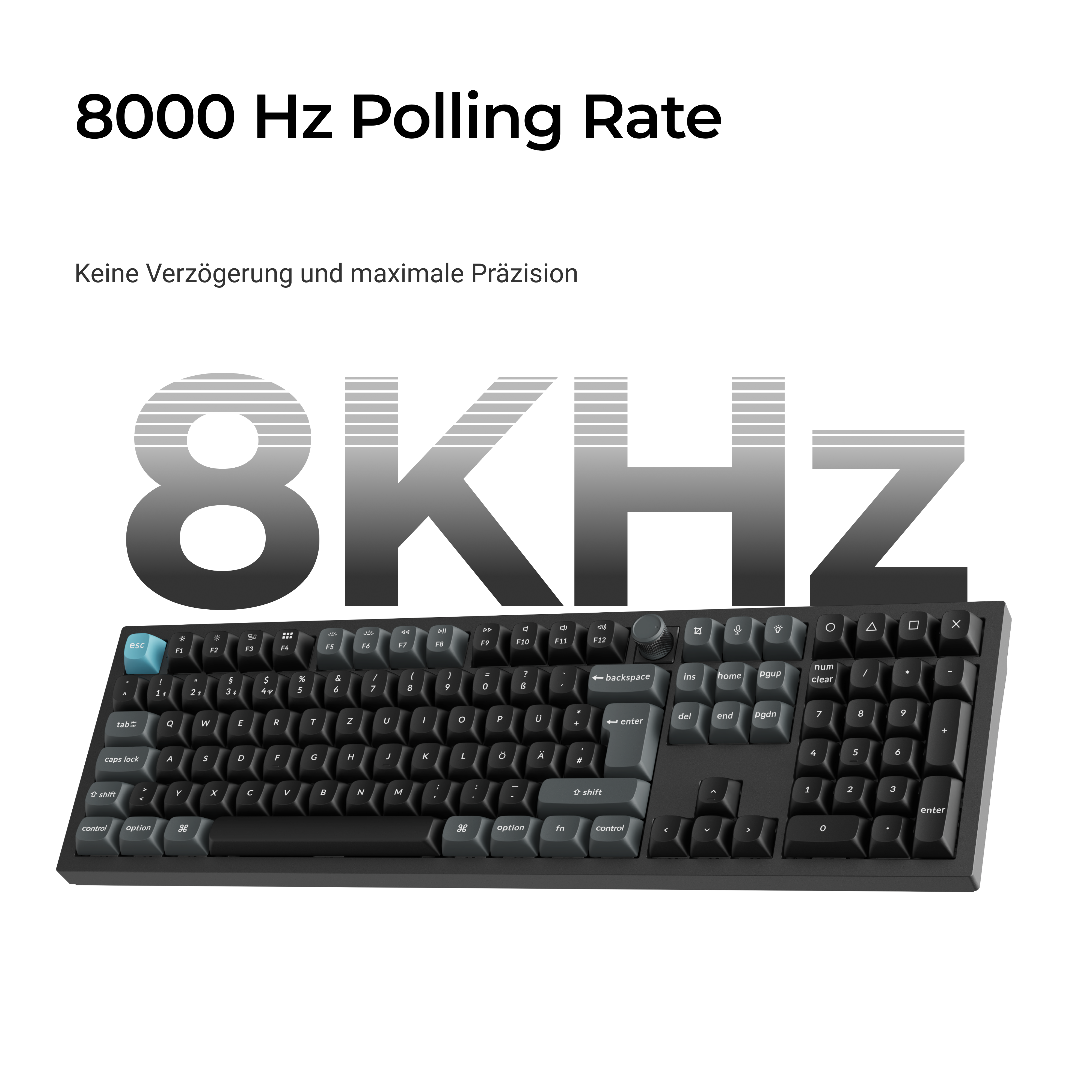 Schwarze Tastatur mit weißen Tasten. Großer 8KHz-Text in der Mitte.