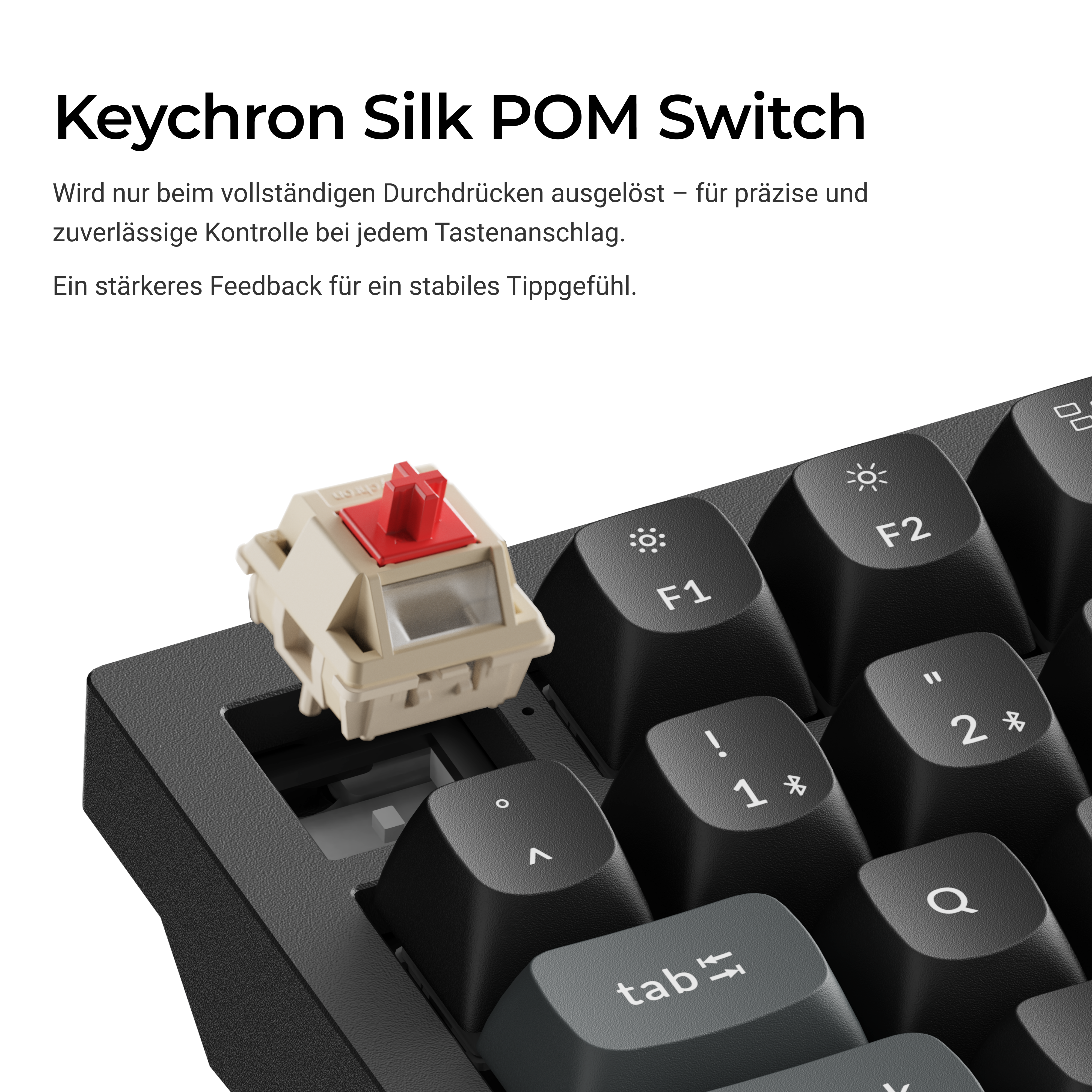 Nahaufnahme von Tastaturtasten, ein abgetrennter Schalter, rot und beige. Text: Keychron Silk POM Switch.