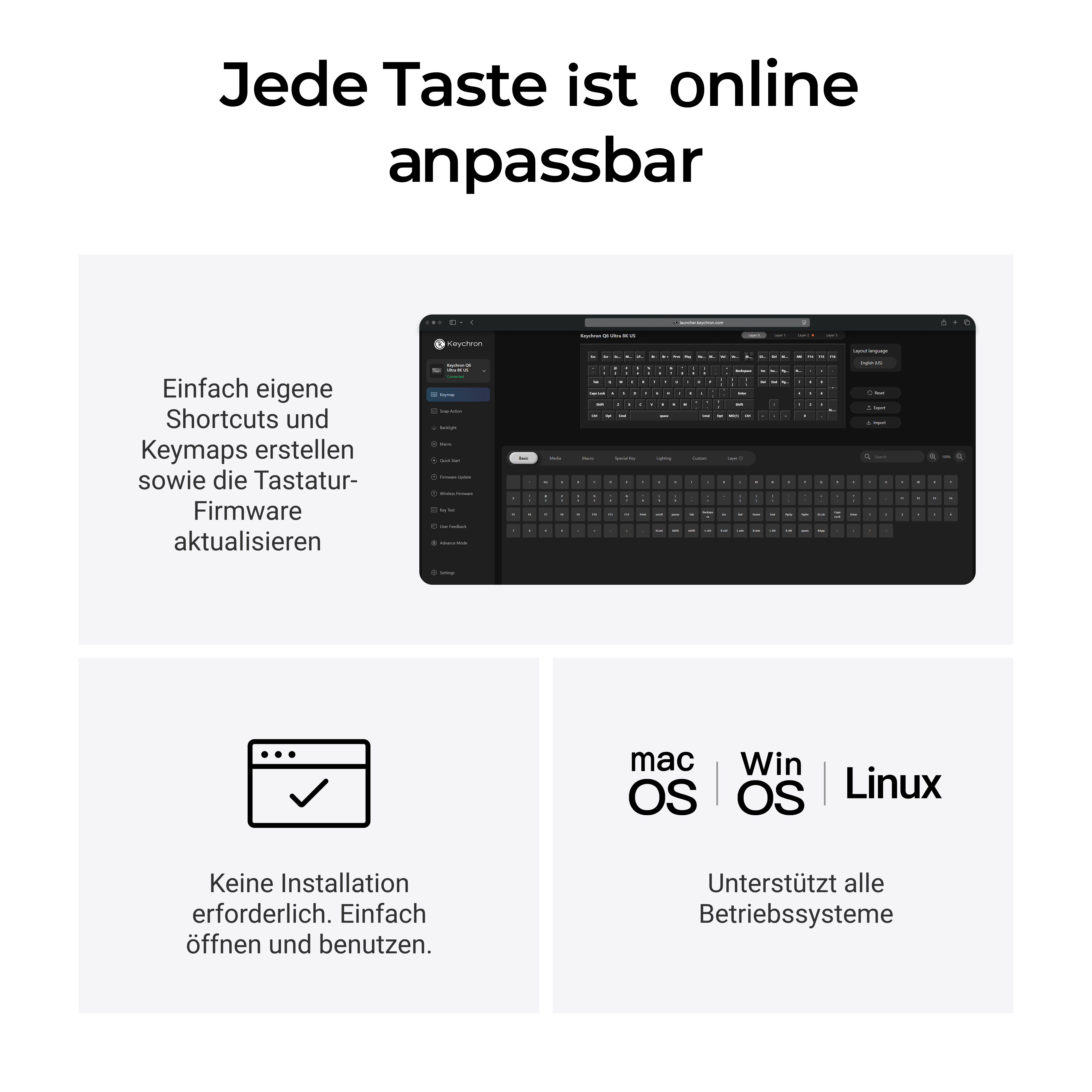 Das Bild zeigt Anpassungsoptionen für die Tastatur. Text enthält Betriebssystemkompatibilität: macOS, Windows, Linux, keine Installation.