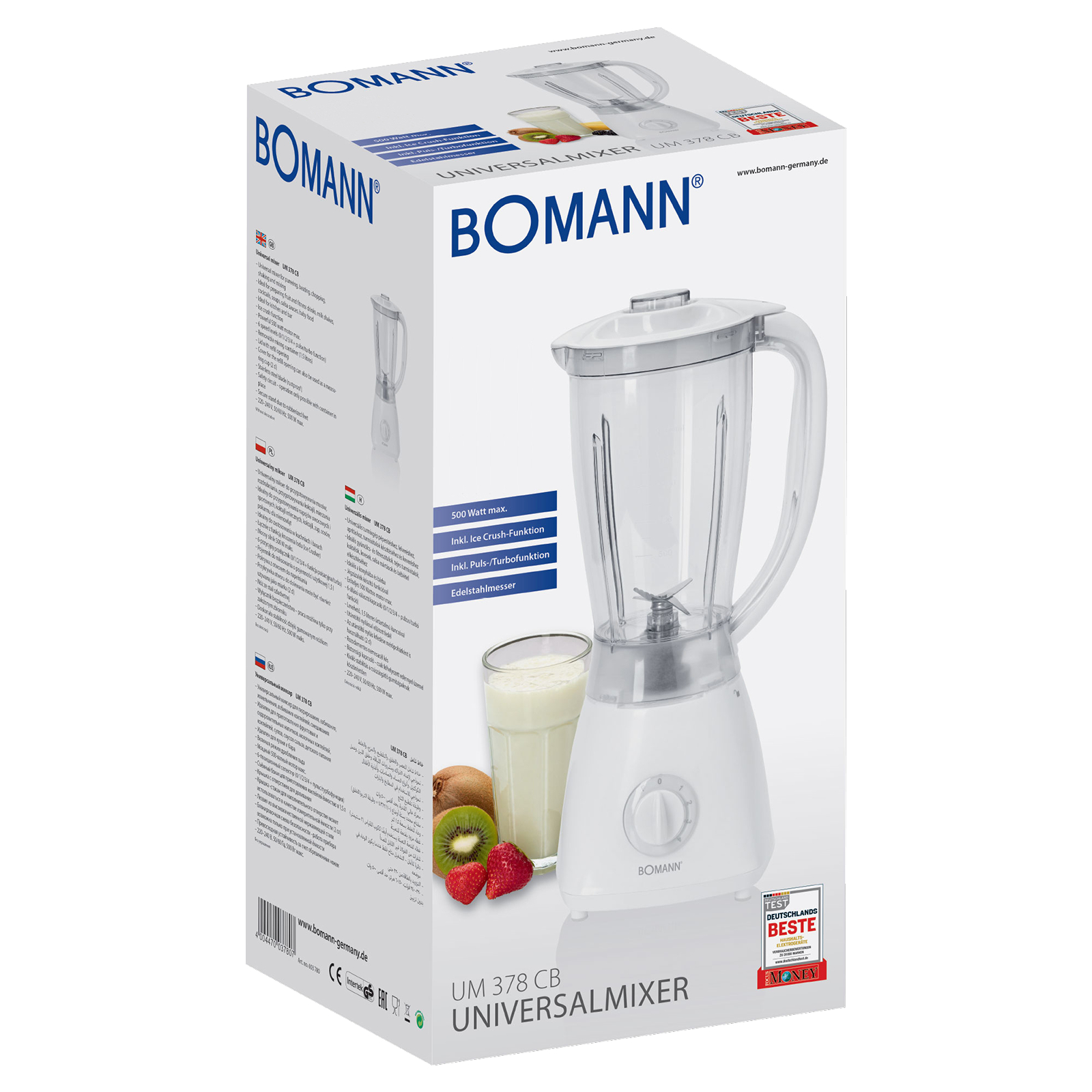 Weißer Mixer auf Box, Früchte und Milch. Marke BOMANN.