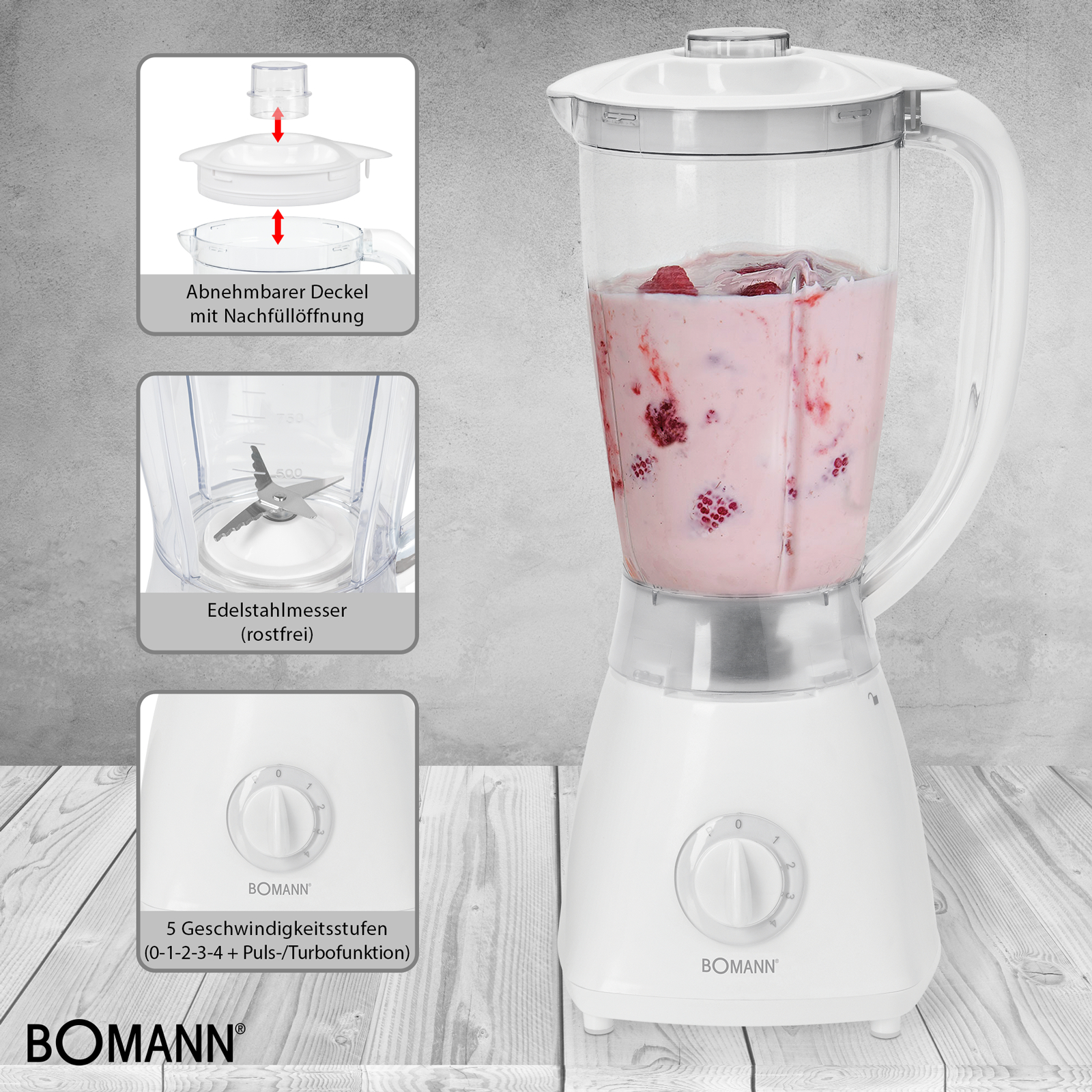 Ein weißer Mixer mit rosa Smoothie und Beeren. Er hat Geschwindigkeitseinstellungen und einen abnehmbaren Deckel. Hintergrund: graue Wand.