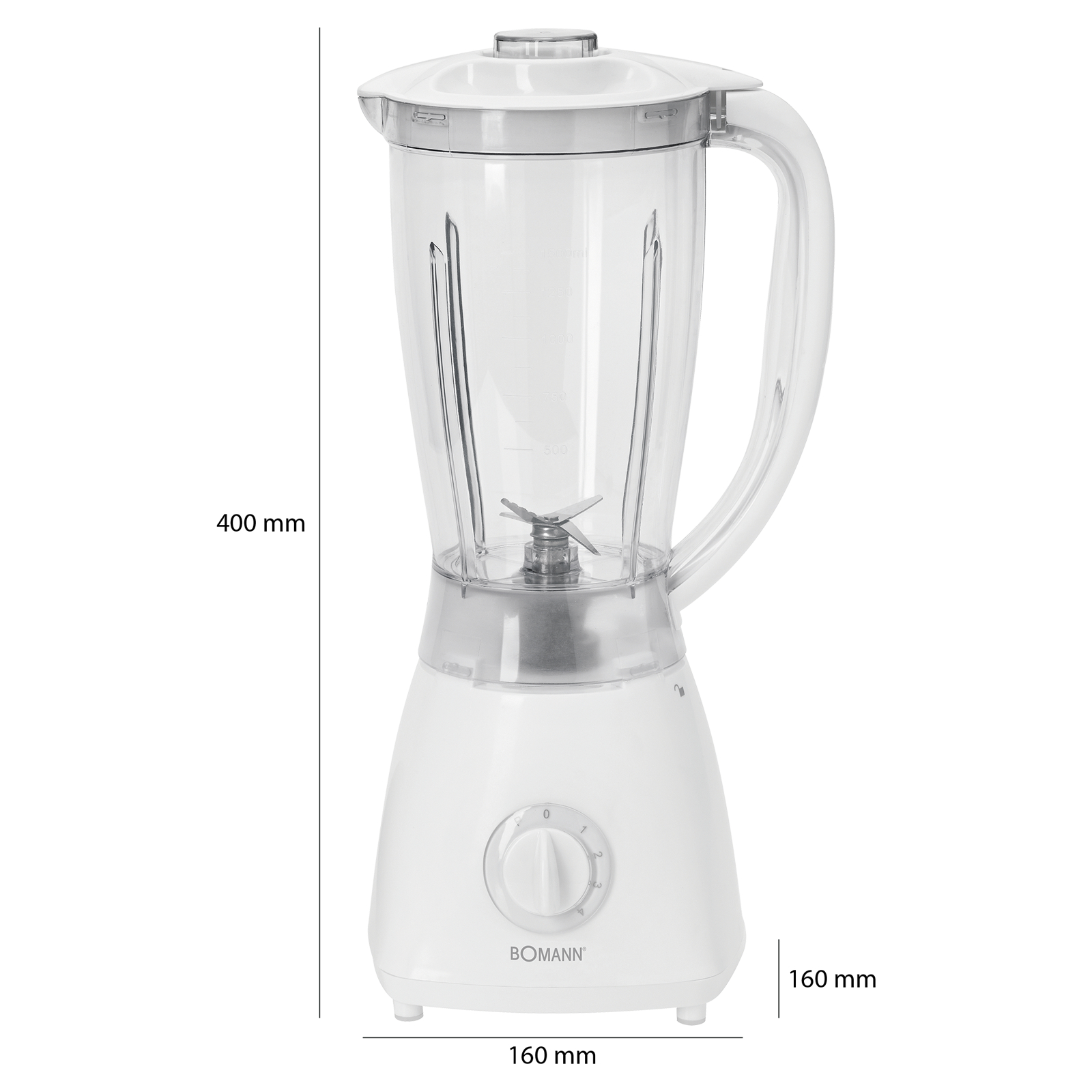 Ein weißer Mixer mit transparentem Krug. Er hat einen Griff und ein Zifferblatt. Maße von 400 mm und 160 mm sind angegeben.