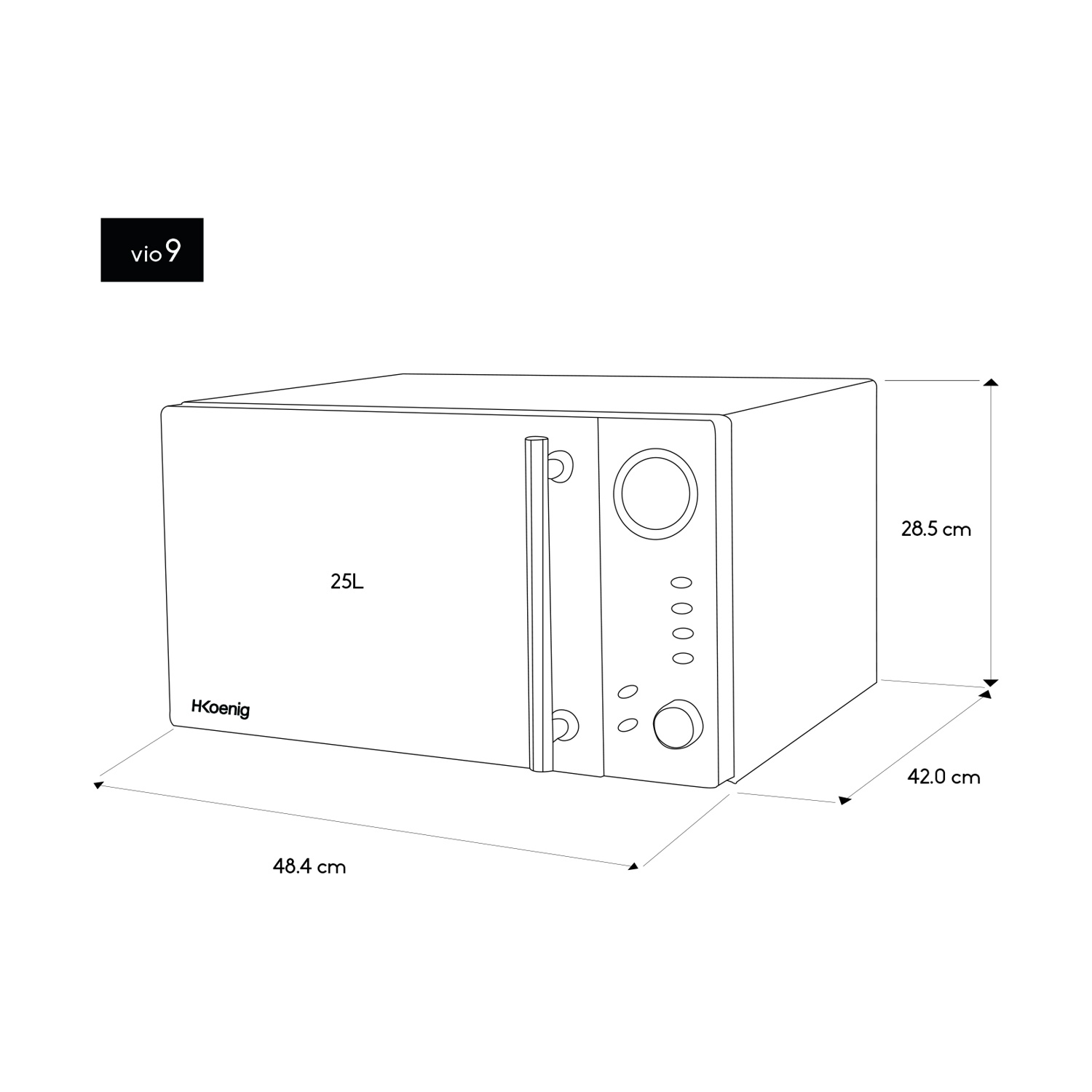 Un forno a microonde bianco con dimensioni etichettate. Include porta, pannello di controllo e il marchio H.Koenig.
