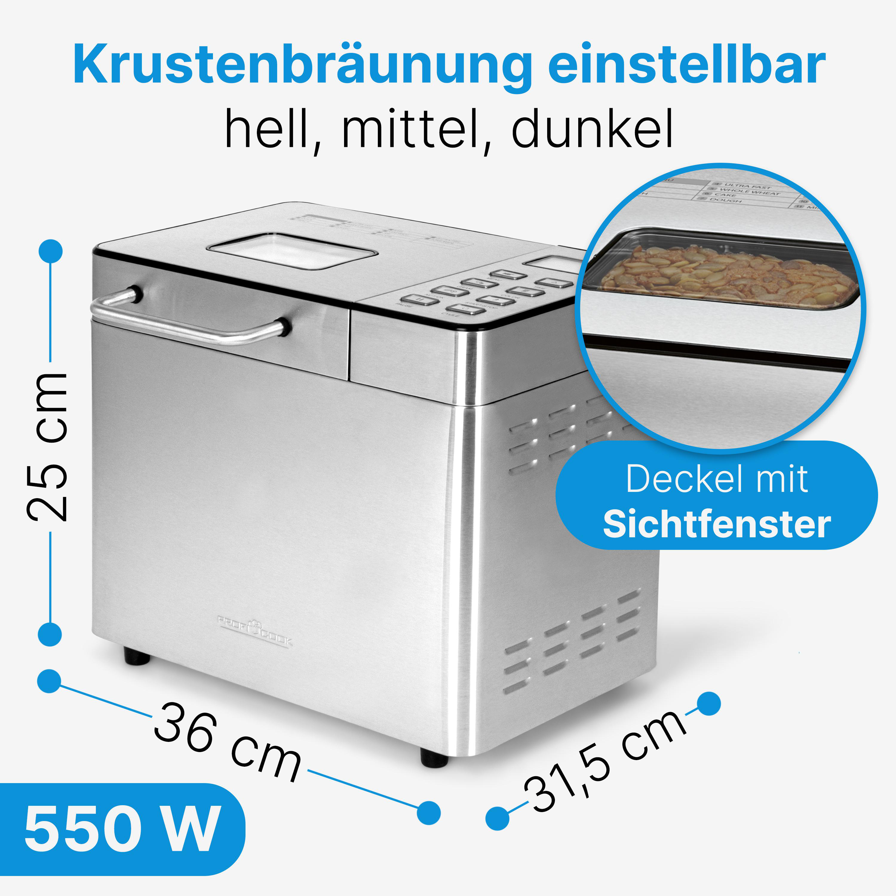Ein silberner Brotbackautomat mit Abmessungen und Einstellungen für die Bräunung der Kruste.