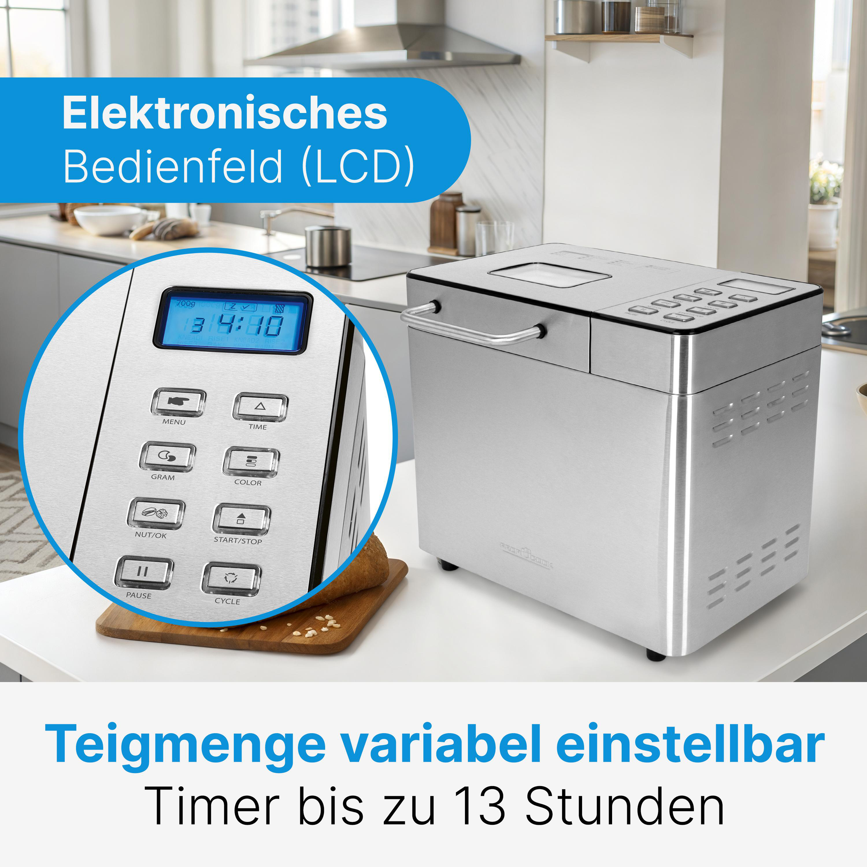 Ein Brotbackautomat mit LCD-Bedienfeld. Das Bild zeigt das Gerät und seine verschiedenen Einstellungen und Knöpfe.