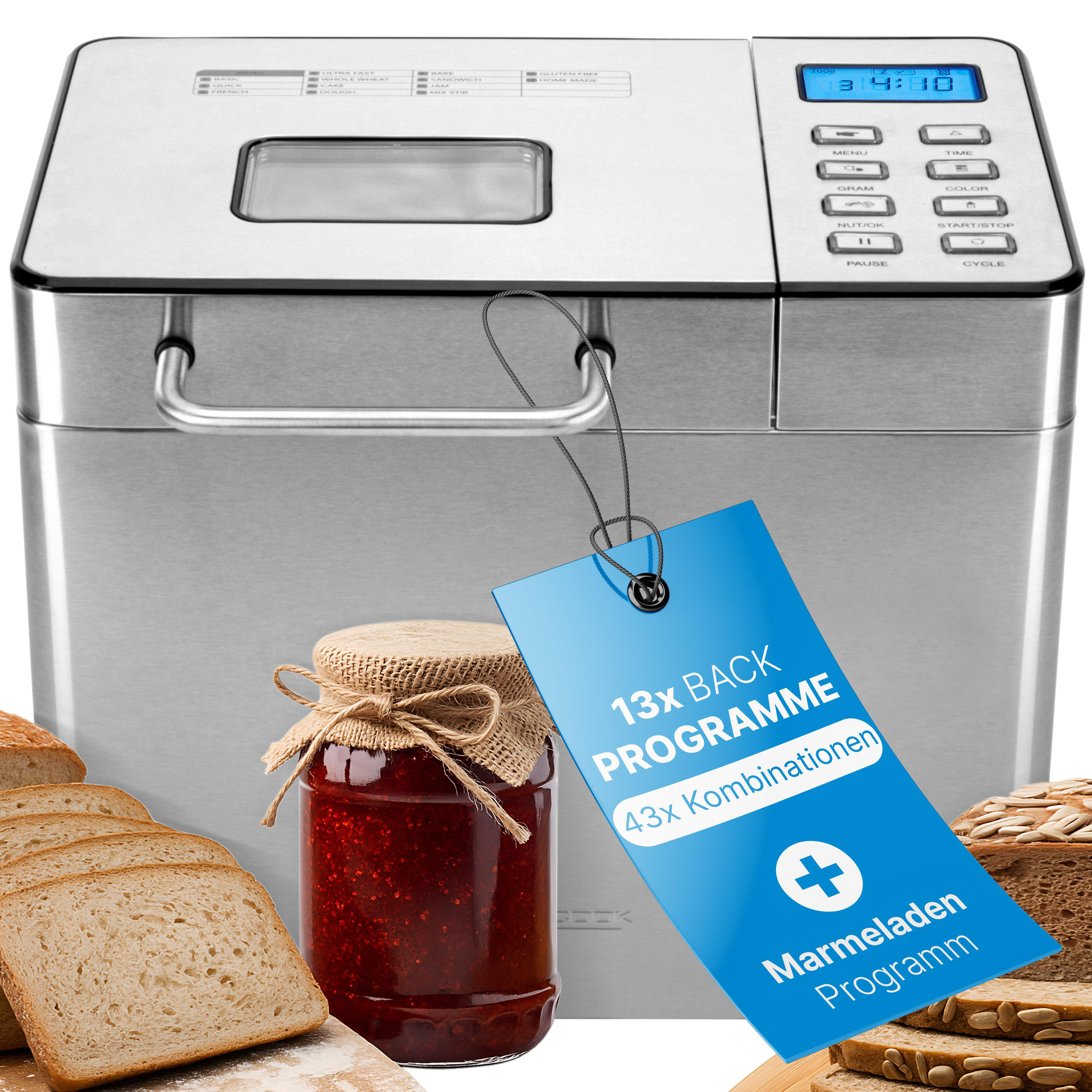 Brotbackautomat mit Brotscheiben, einem Marmeladenglas und einem blauen Etikett.