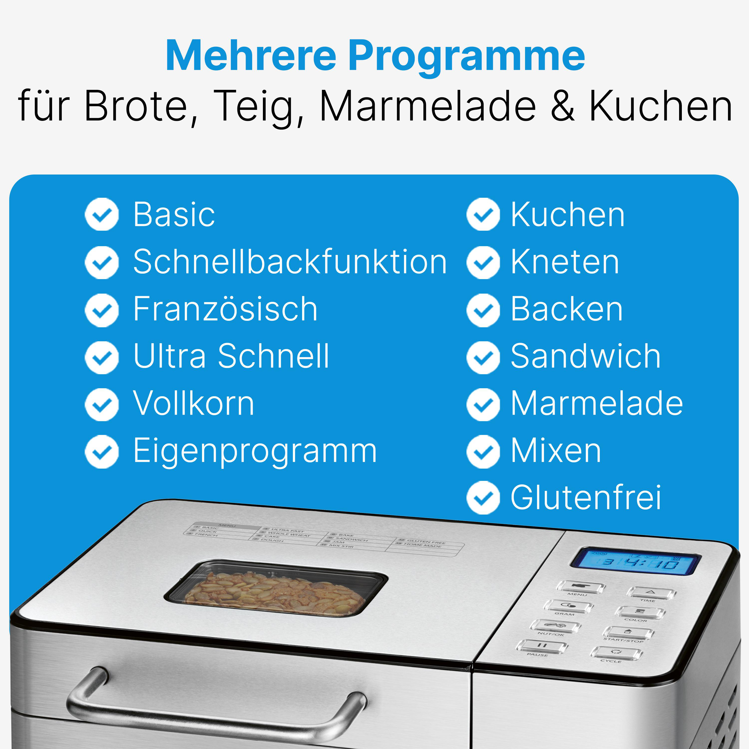 Brotbackautomat mit Programmen. Blaues Feld listet Programme wie Basic, French, Glutenfrei. Anzeige zeigt 14:10.