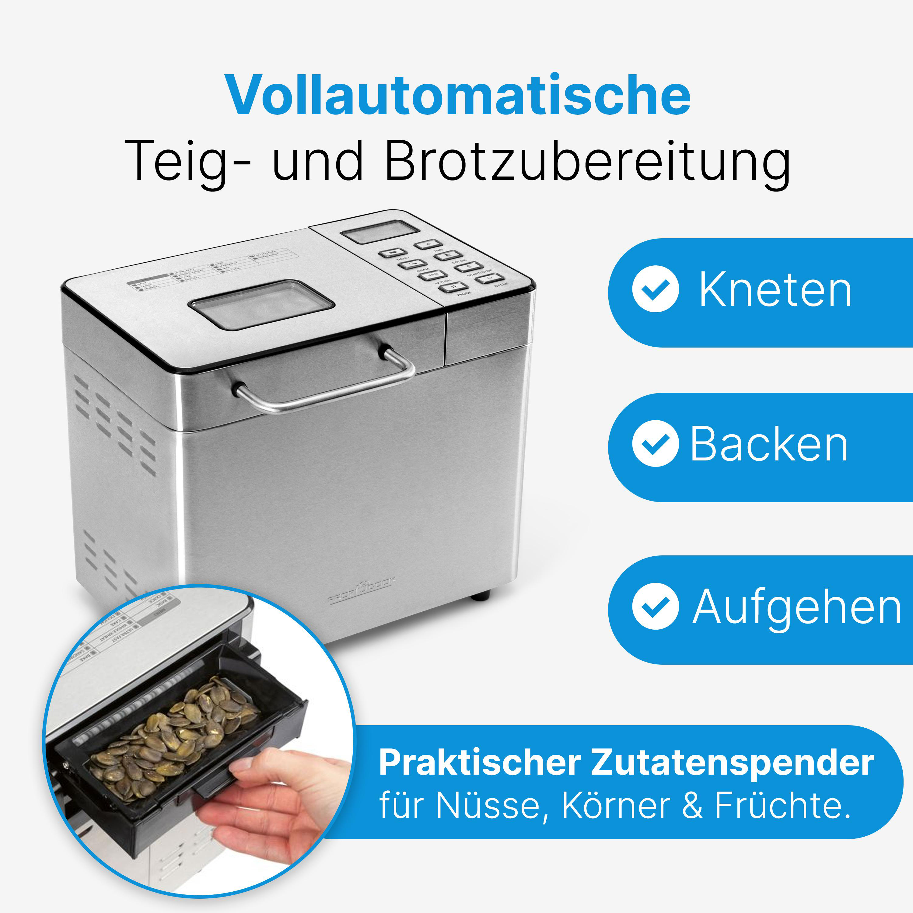 Ein silberner Brotbackautomat mit Optionen, Text und blauen Häkchen. Eine Hand hält ein Tablett mit Samen.