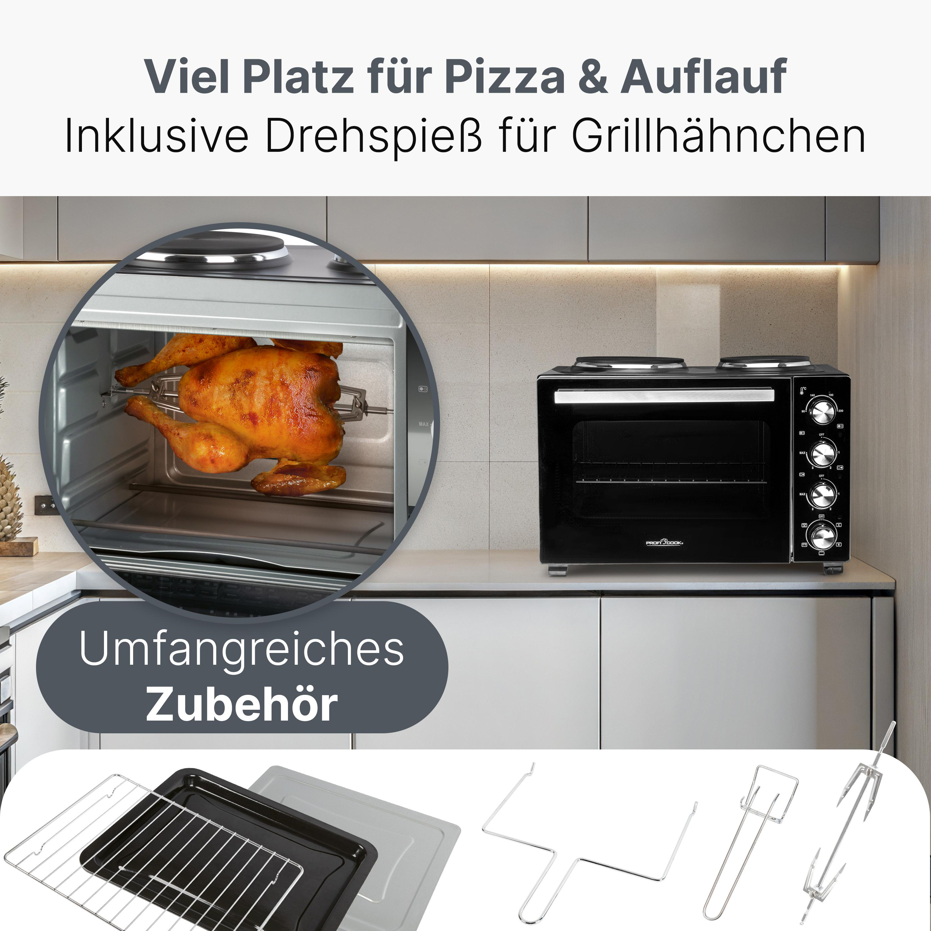 Ein Ofen mit Hähnchen, Zubehör und Text, der Pizza und Grillhähnchen bewirbt.