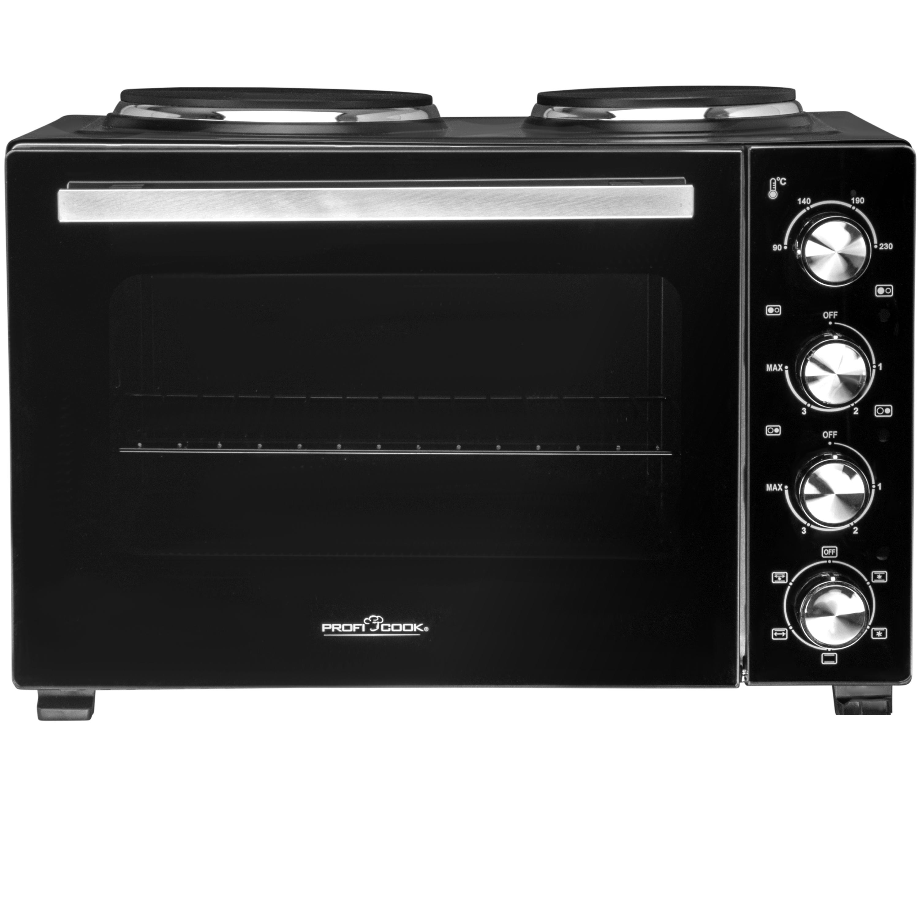 Schwarzer Elektrobackofen mit zwei Kochfeldern. Er hat Knöpfe für Temperatur und Einstellungen. Die Marke ist Profi Cook.