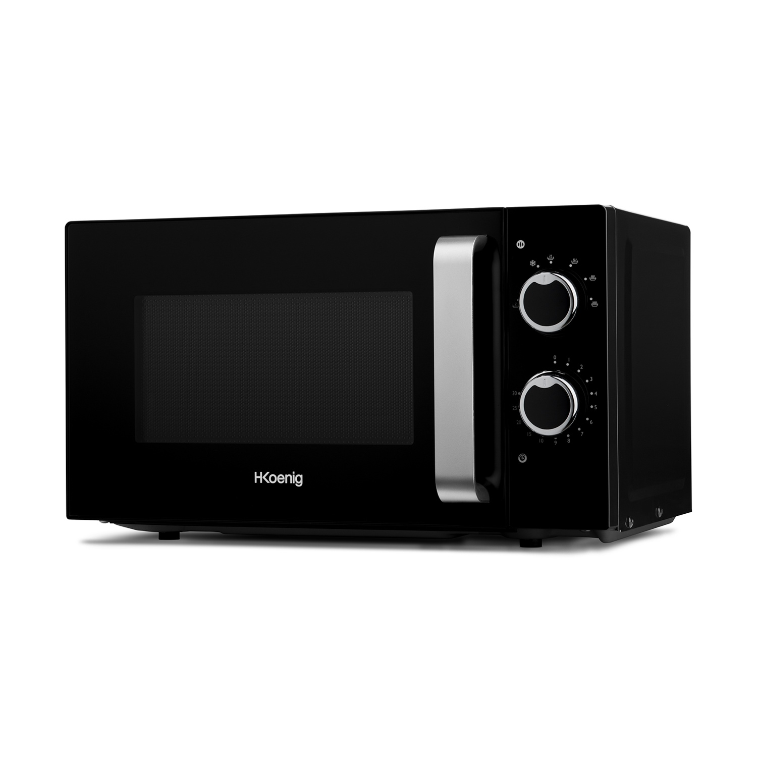 Un forno a microonde nero con maniglia argentata e manopole di controllo. Il marchio 'H Koenig' è sul davanti.