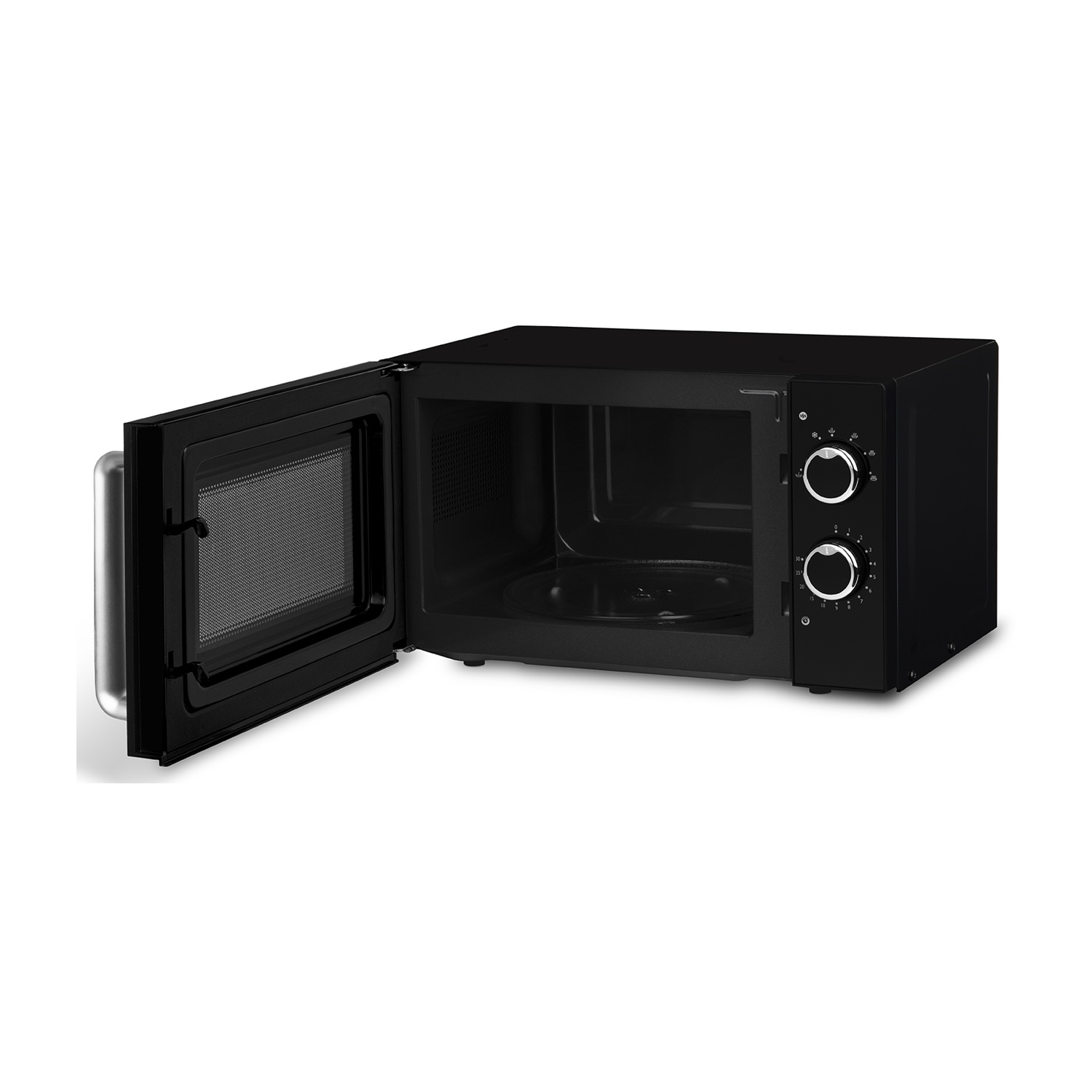 Un forno a microonde nero con la porta aperta. L'interno è visibile. Le manopole sono sul lato destro.