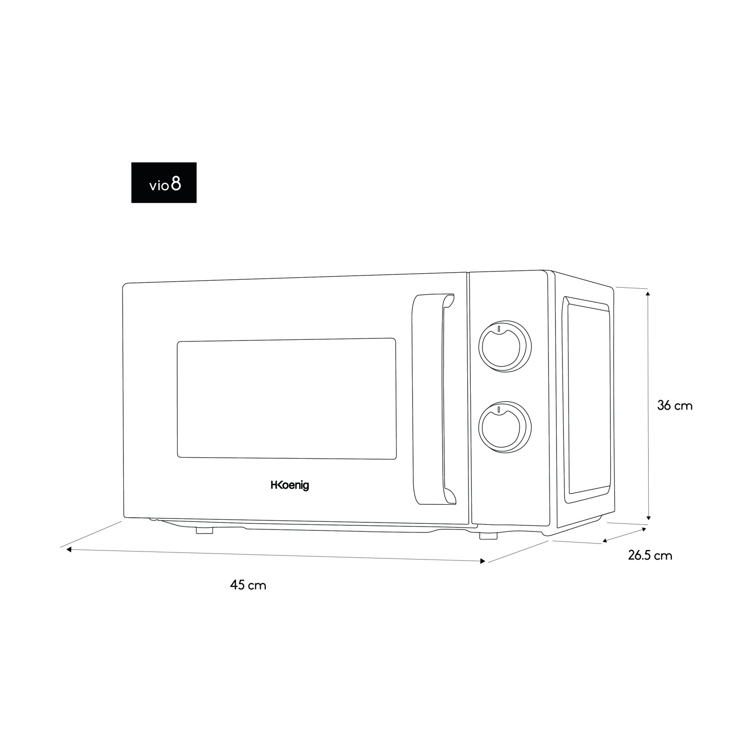 Un disegno a tratto di un forno a microonde. Mostra le dimensioni: 45 cm di lunghezza, 36 cm di altezza e 26,5 cm di profondità. Il marchio è HKoenig.