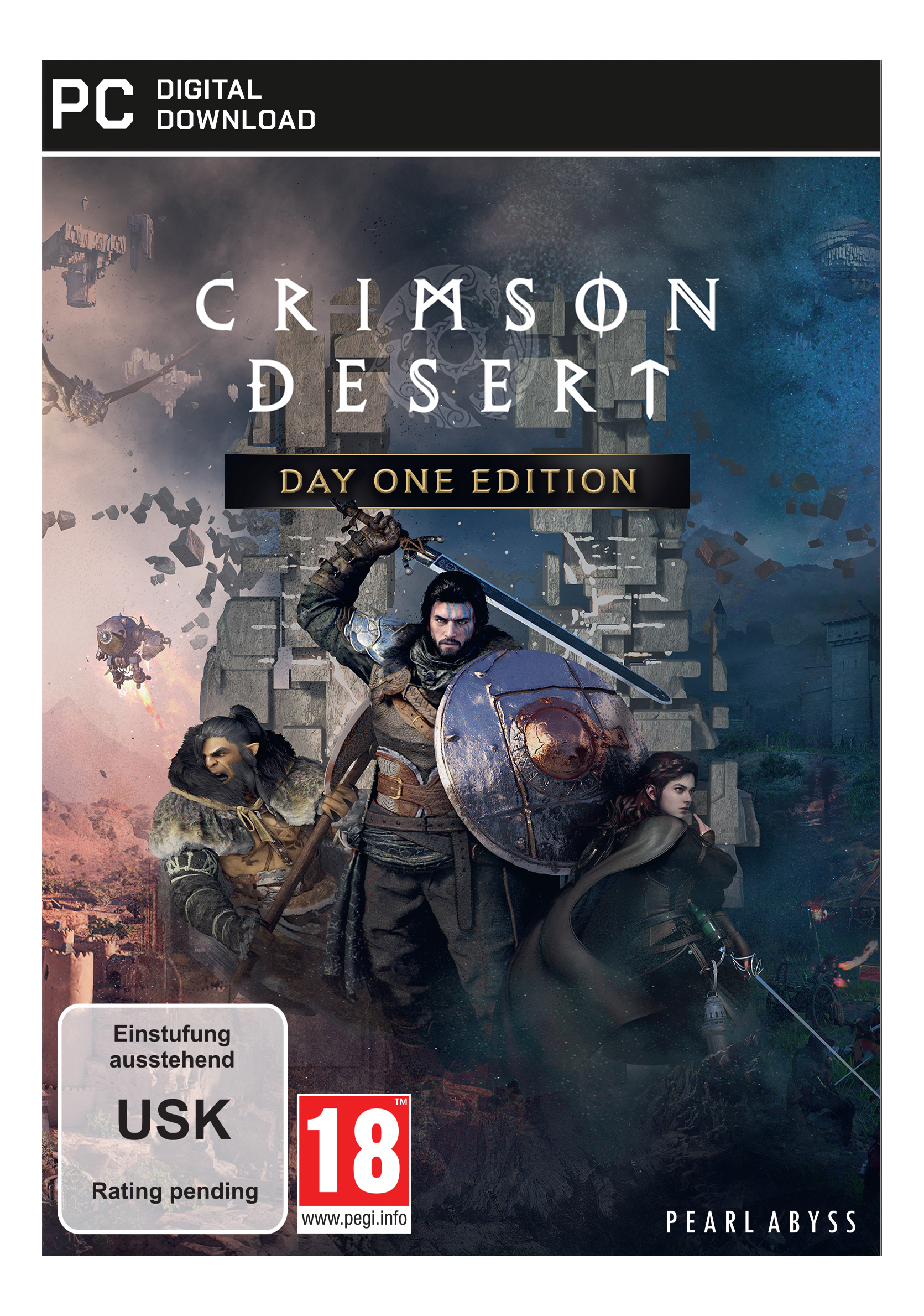 Spielcover. Krieger mit Schwert und Schild, zwei Figuren, Spieletitel: Crimson Desert, Bewertung ausstehend, Alter 18.