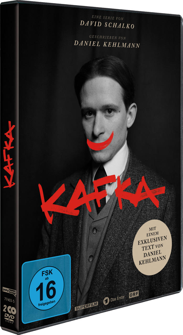DVD-Hülle für 'Kafka'. Ein Mann mit rotem Lächeln, der Titel 'KAFKA' in Rot und Text auf Deutsch. Bewertung ist FSK 16.