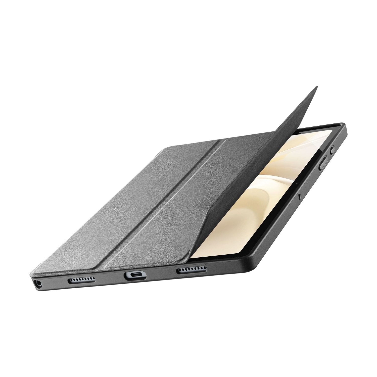 Una custodia grigia per tablet è leggermente aperta, rivelando lo schermo. La custodia è angolata, mostrando le porte in basso, tutto su sfondo bianco.