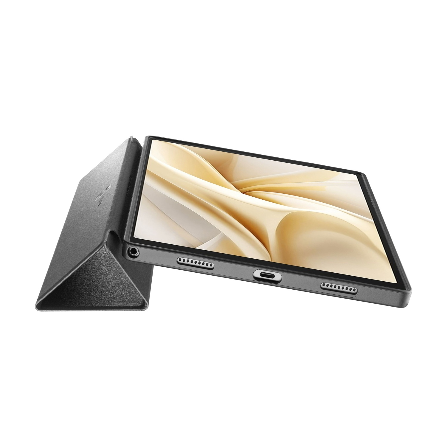 Tablet in una custodia grigio scuro, angolato. Lo schermo mostra un design astratto beige chiaro. La custodia è aperta, mostrando una porta.