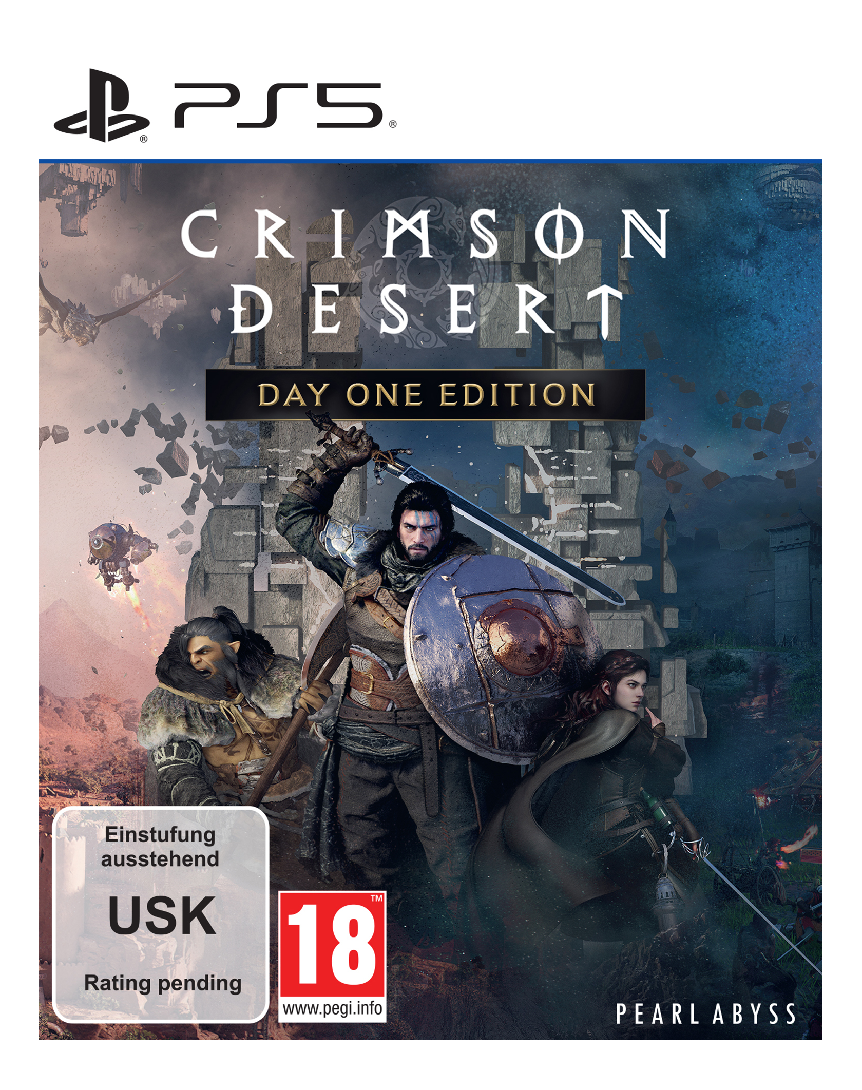 Spielcover von Crimson Desert: ein Krieger mit Schwert, Schild und zwei Begleitern. PS5-Logo oben links.