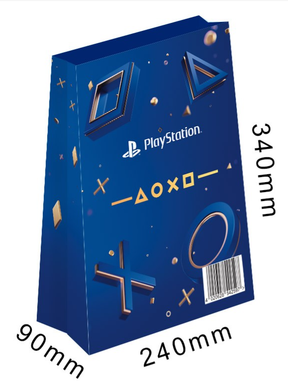 Niebieskie pudełko prezentowe PlayStation ze złotymi symbolami i logo. Pokazano wymiary. Zawiera kod kreskowy.