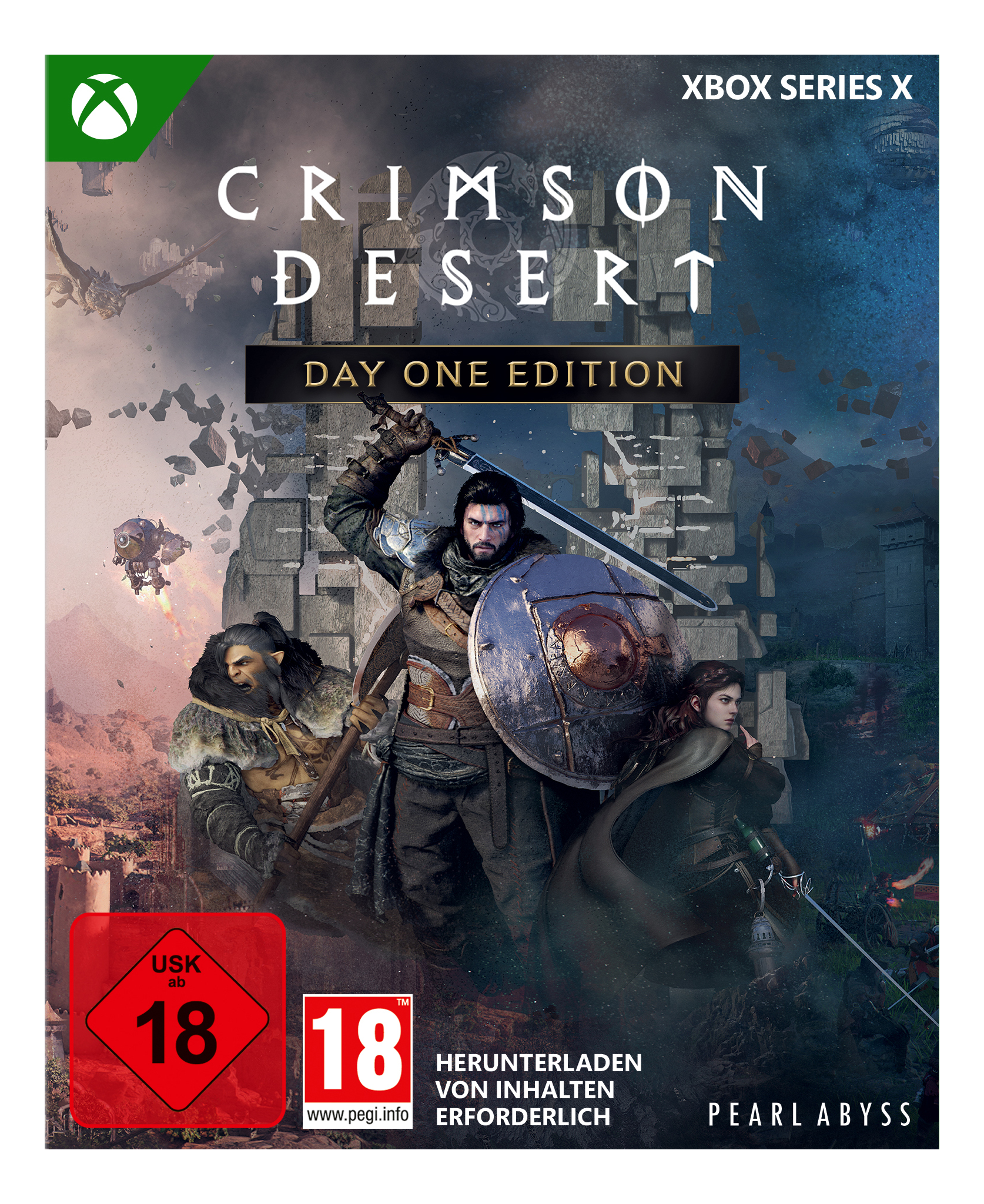 Spielcover. Mann mit Schwert und Schild, andere Figuren, Titel 'Crimson Desert'. Enthält Bewertungssymbole und Xbox Series X Logo.