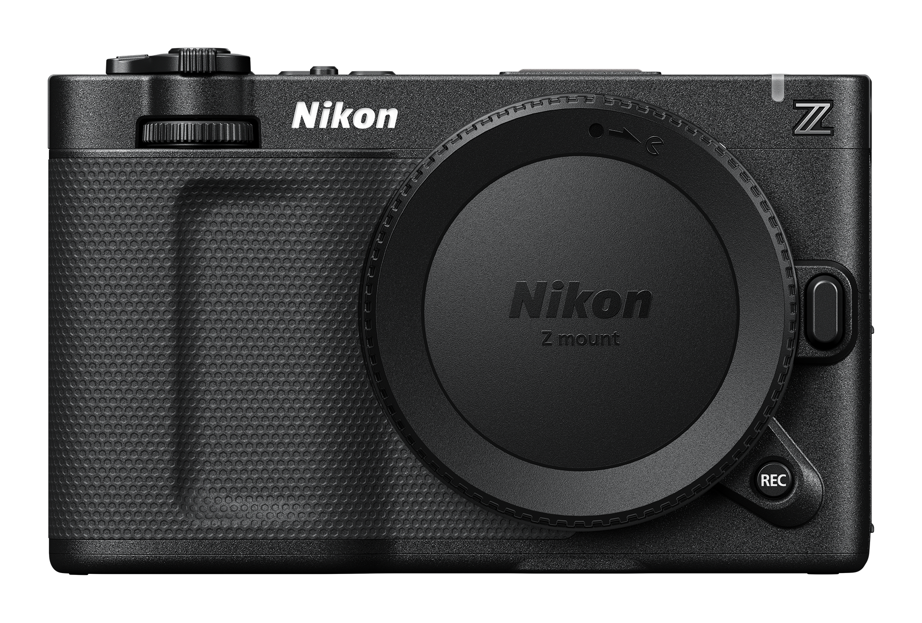 Siyah Nikon Z serisi kamera. Nikon logosu, lens kapağı ve kayıt için REC düğmesi gibi özelliklere sahiptir.