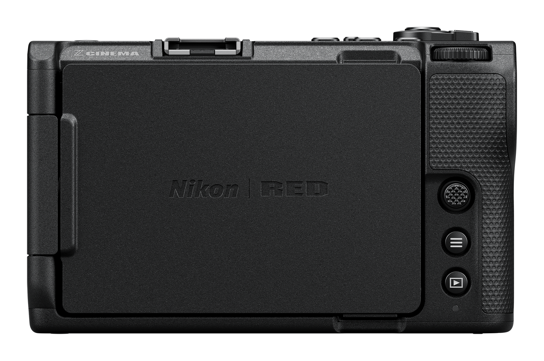 Nikon|RED logolu siyah kamera arkası, Z CINEMA yazısı, düğmeler ve dokulu bir tutma yeri.