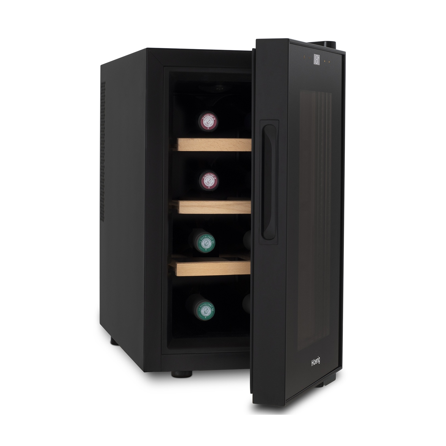Un refrigeratore per vino nero con la porta aperta, che rivela bottiglie di vino su ripiani di legno. Ha una porta di vetro.