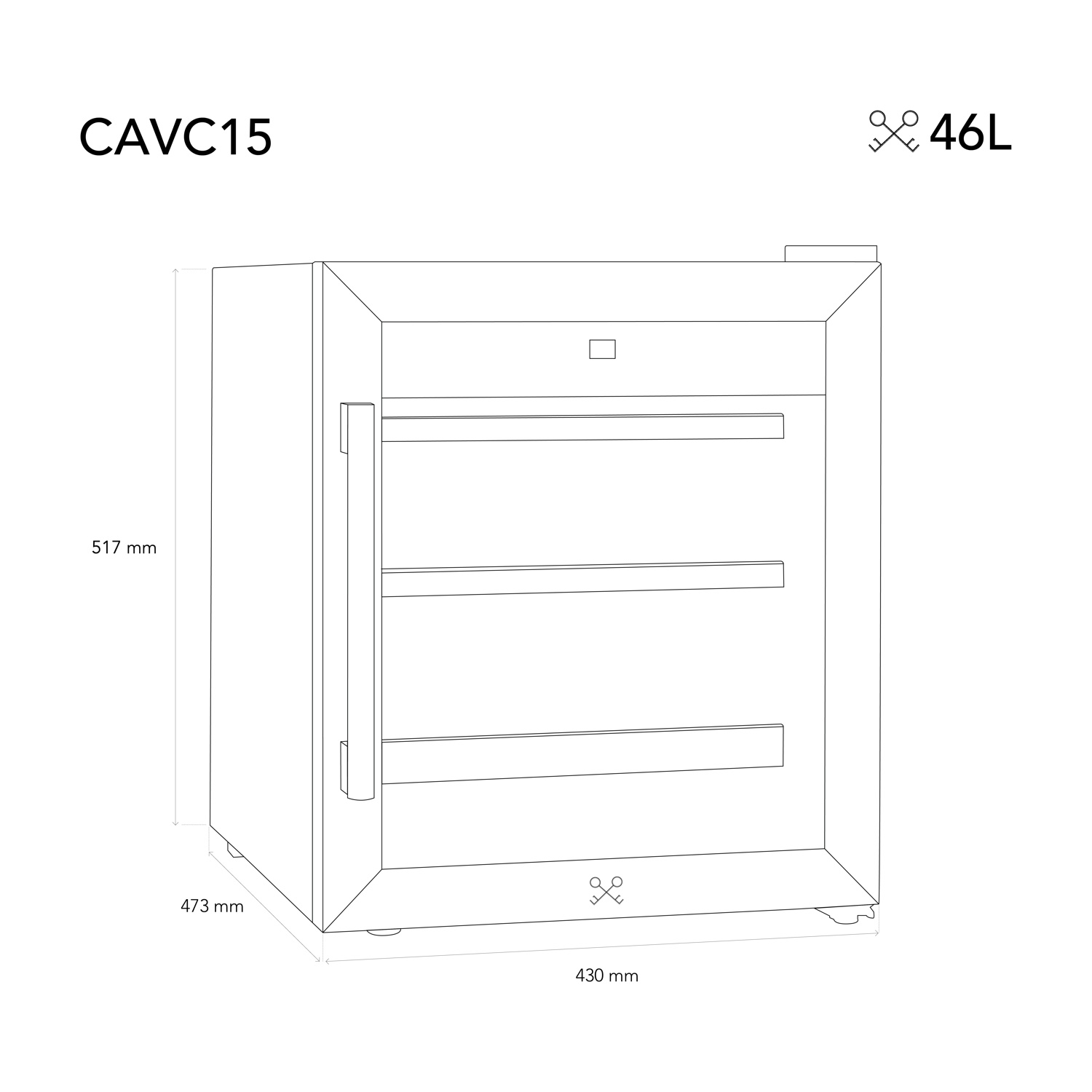 Disegno a linea di un piccolo frigorifero con dimensioni. Ha maniglia, ripiani e capacità di 46L.