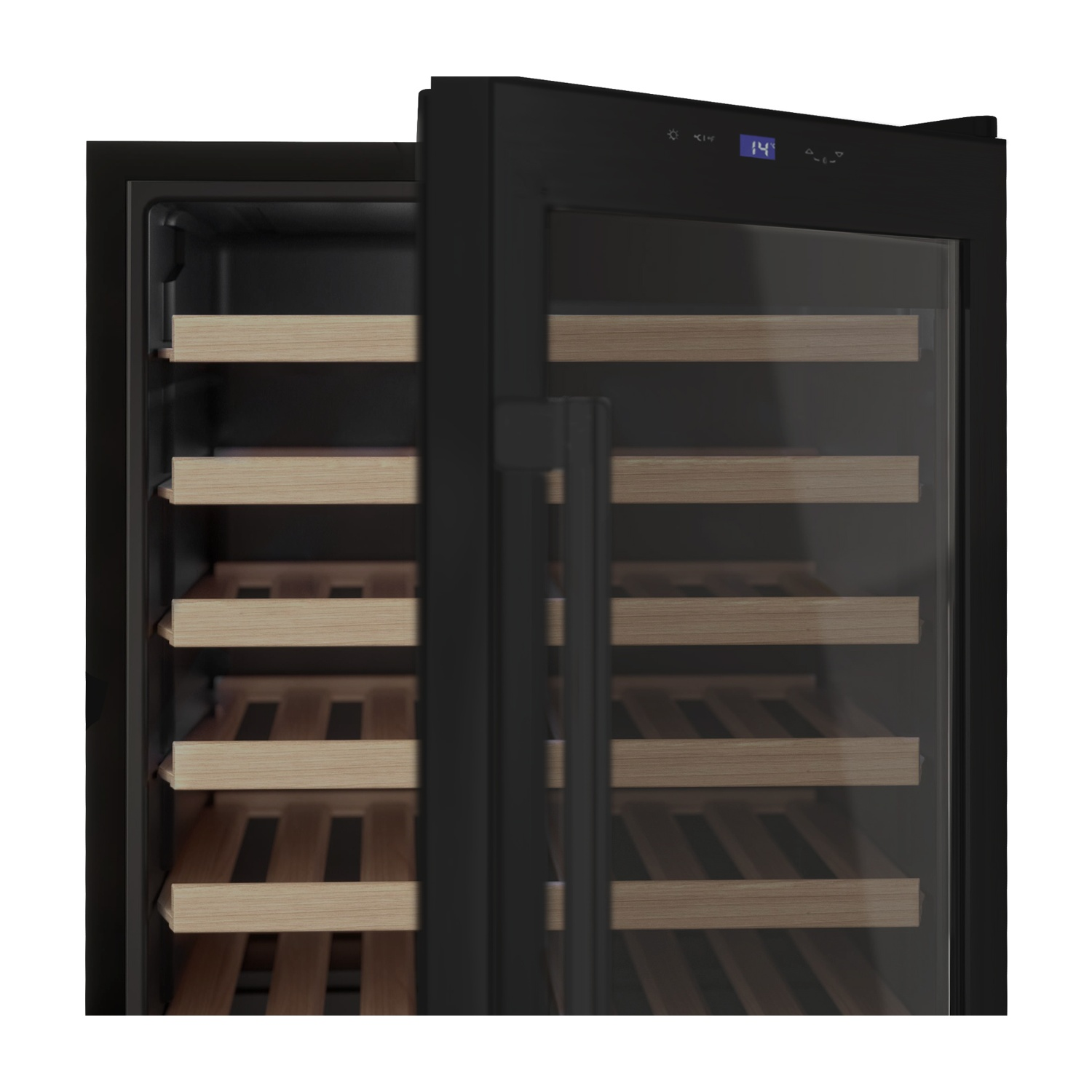 Un refrigeratore per vino nero con la porta leggermente socchiusa. All'interno, sono visibili ripiani in legno. Il display mostra 14 gradi.