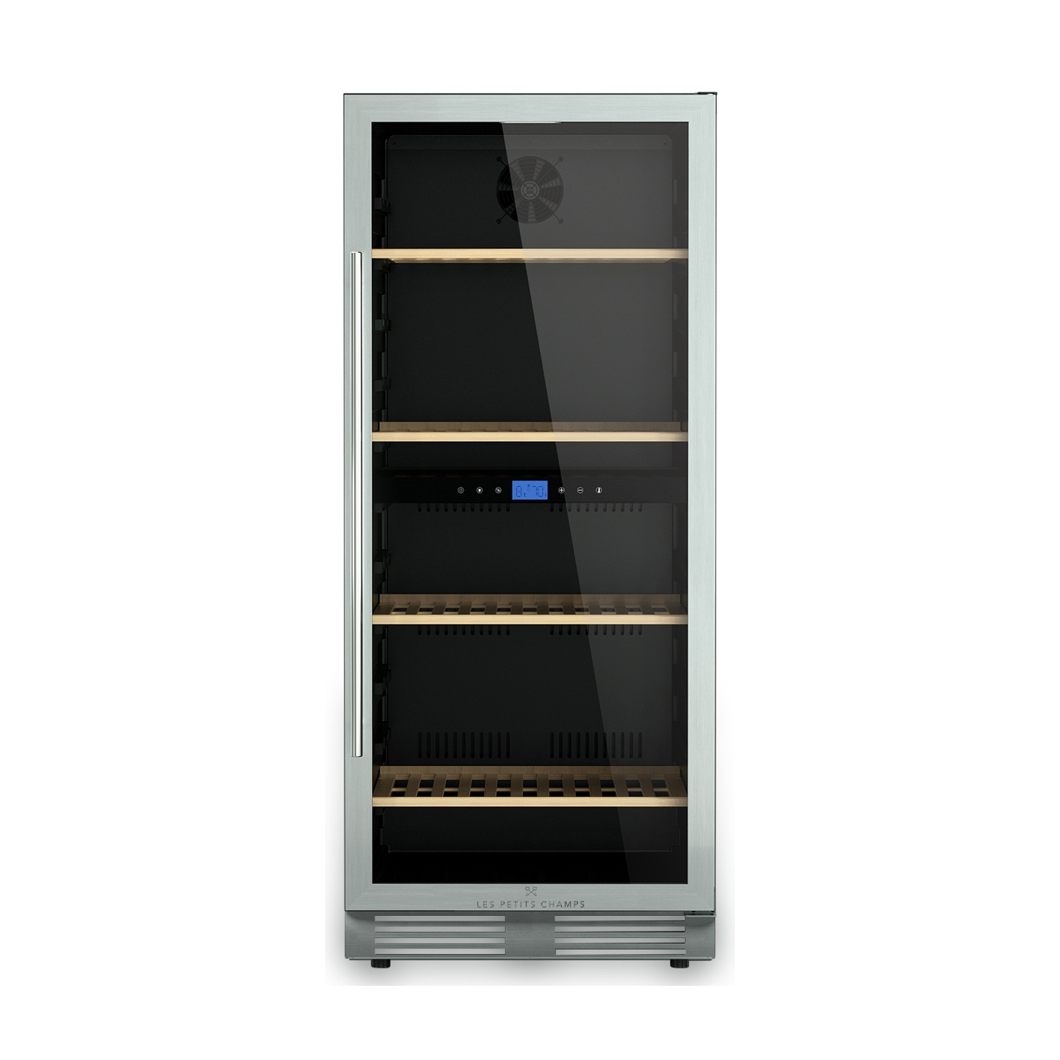 Un frigorifero per vino in acciaio inossidabile con porta in vetro. All'interno ci sono ripiani in legno. C'è un display digitale e una ventola.