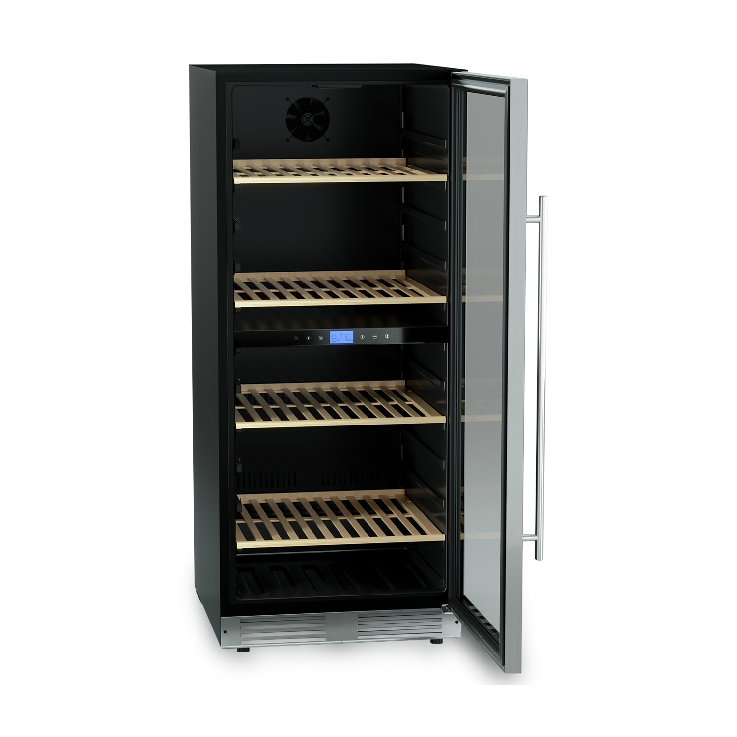 Cantinetta aperta con ripiani in legno. Interno nero, porta in acciaio inox. Il display digitale mostra la temperatura. Isolato su sfondo bianco.