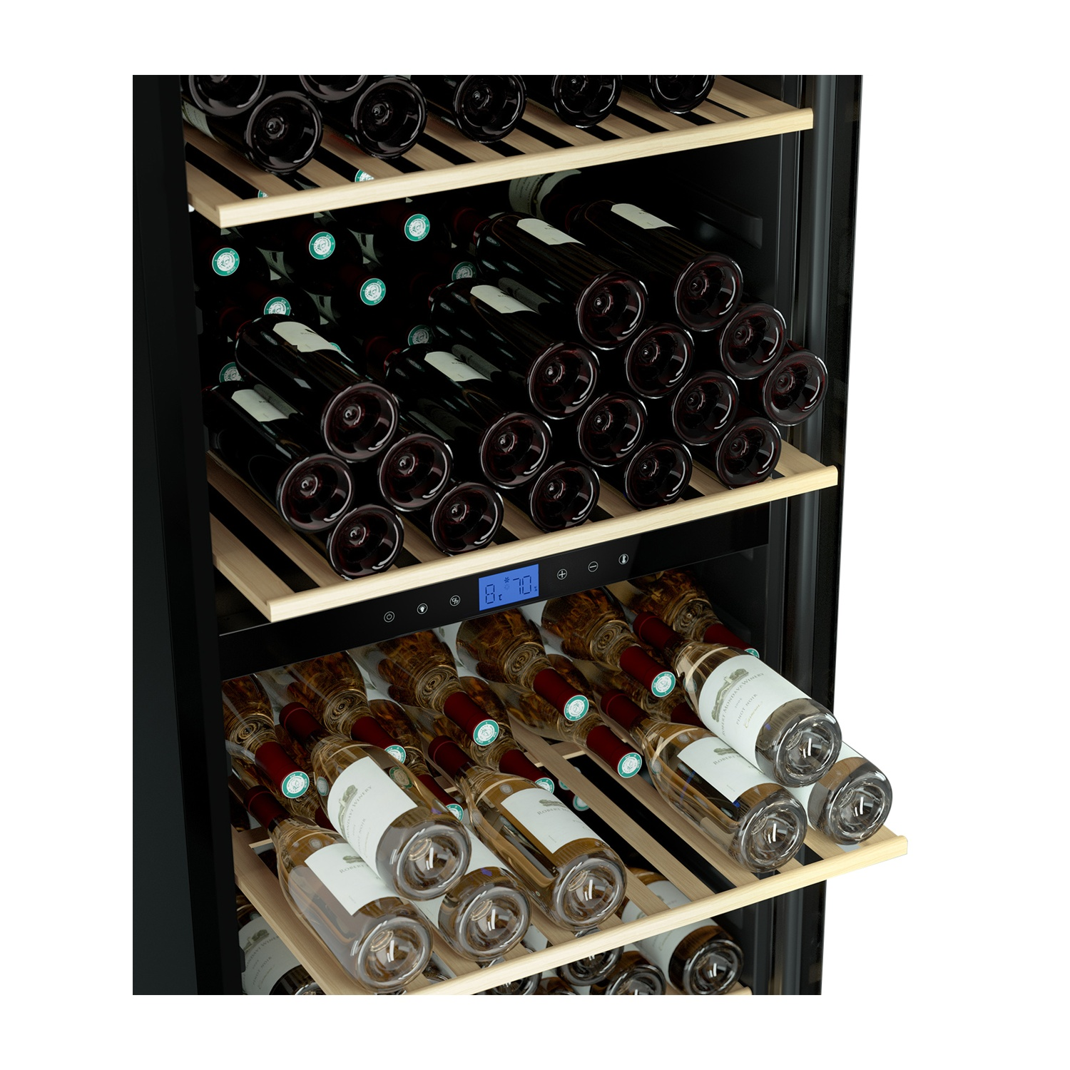 Un refrigeratore per vino pieno di bottiglie di vino rosso e bianco, esposte su ripiani di legno. Un display digitale mostra la temperatura.